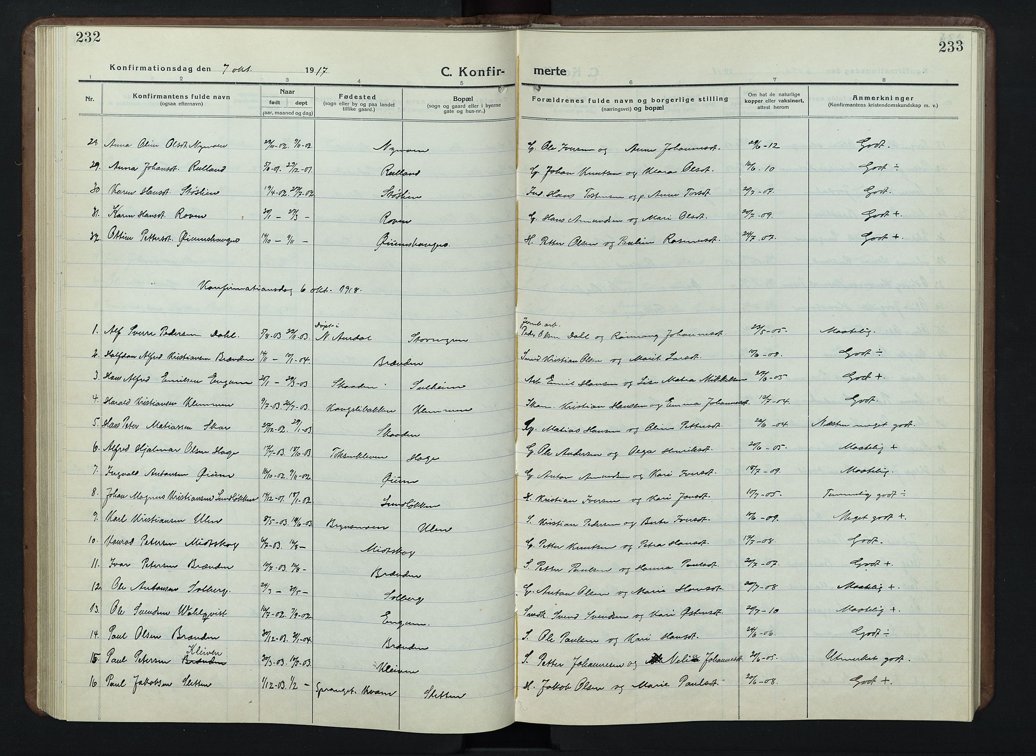 Nord-Fron prestekontor, SAH/PREST-080/H/Ha/Hab/L0007: Parish register (copy) no. 7, 1915-1946, p. 232-233
