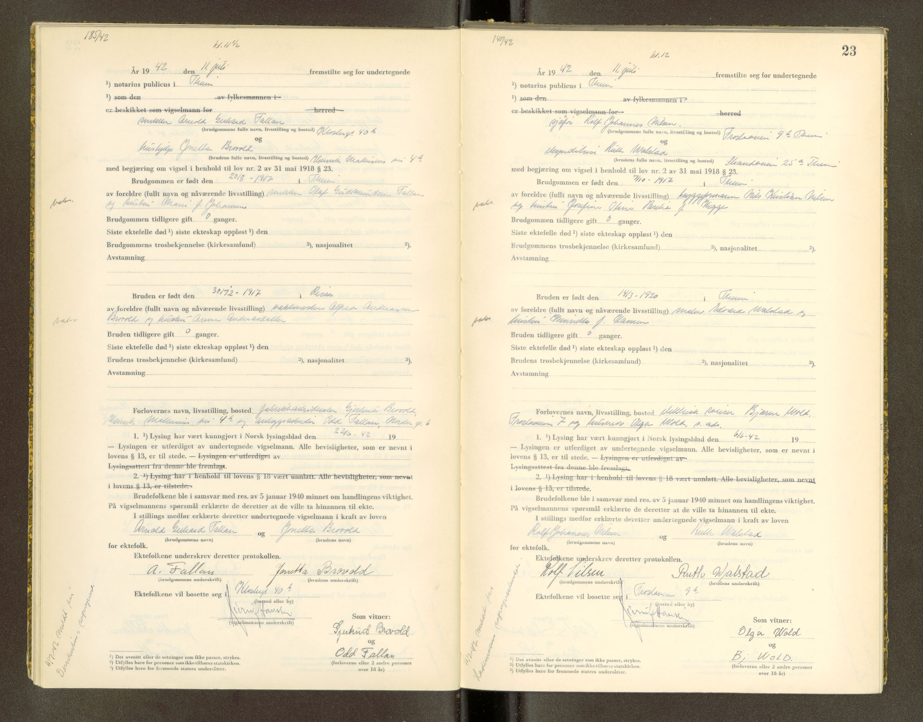 Trondheim byfogd, AV/SAT-A-0003/1/6/6D/L0002: Vigselbøker, 1937-1942, p. 23
