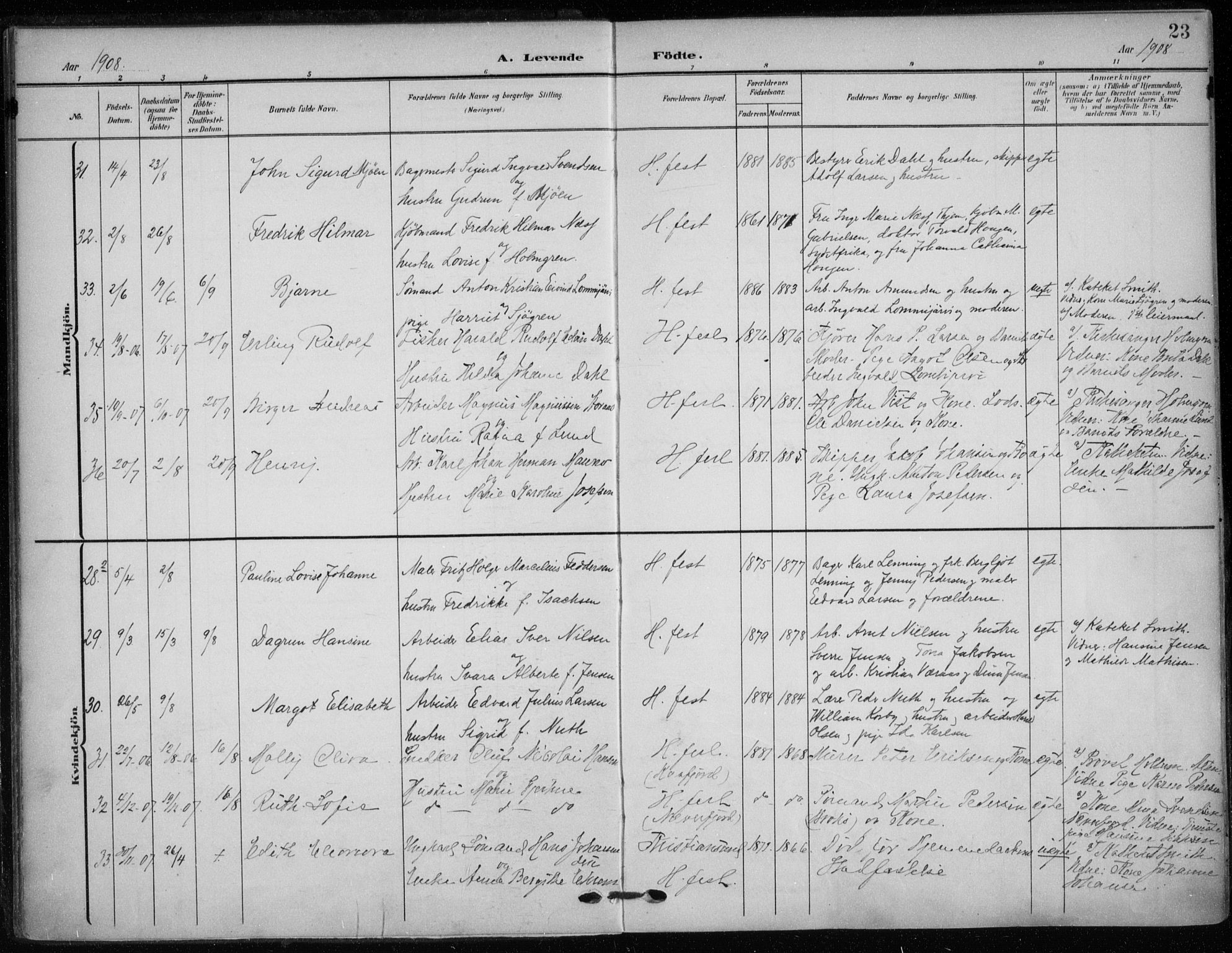 Hammerfest sokneprestkontor, SATØ/S-1347/H/Ha/L0014.kirke: Parish register (official) no. 14, 1906-1916, p. 23