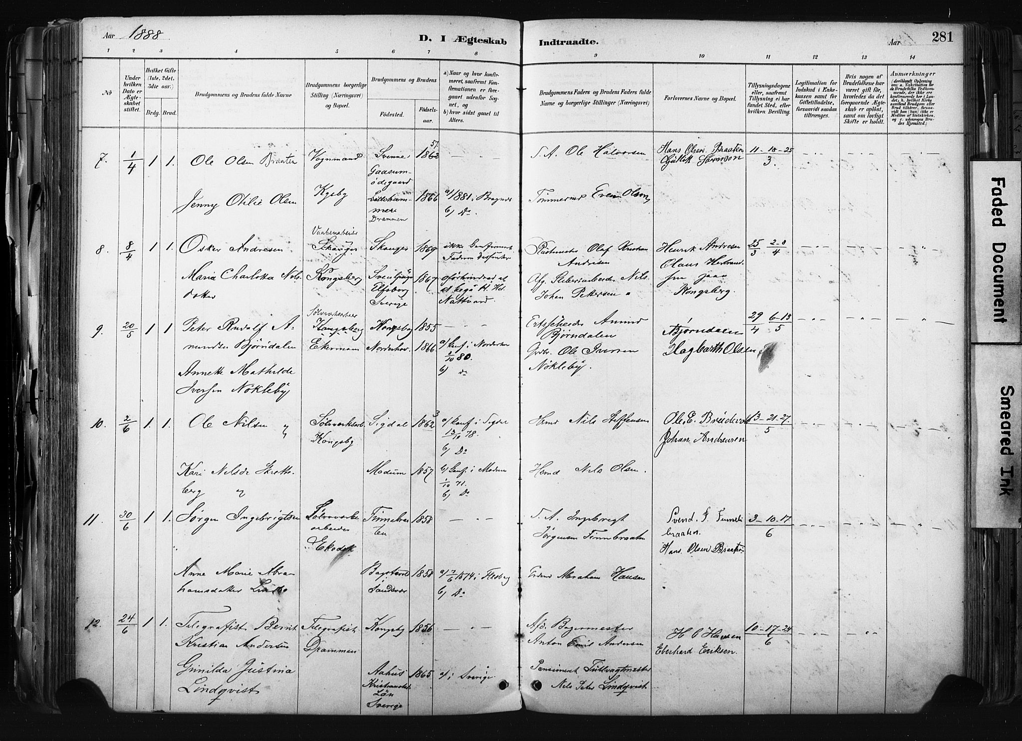 Kongsberg kirkebøker, AV/SAKO-A-22/F/Fb/L0002: Parish register (official) no. II 2, 1886-1896, p. 281