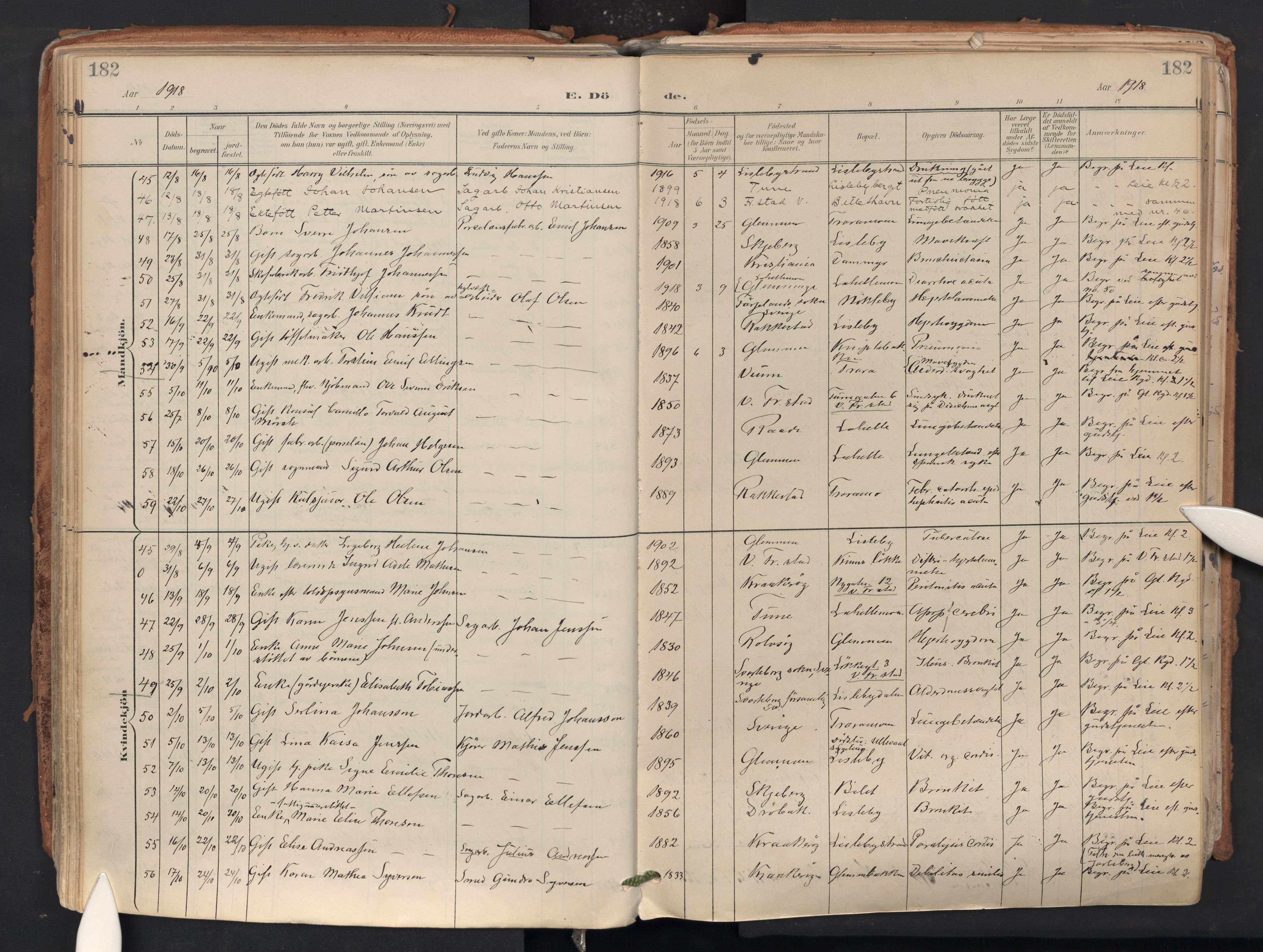 Glemmen prestekontor Kirkebøker, AV/SAO-A-10908/F/Fa/L0015: Parish register (official) no. 15, 1900-1956, p. 182