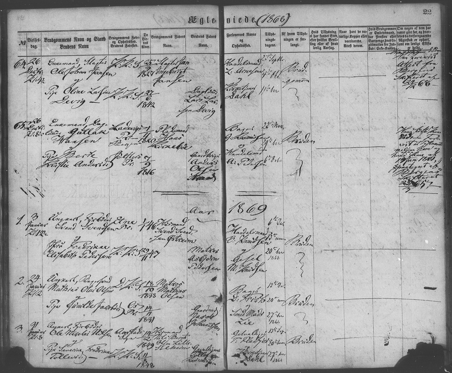 Korskirken sokneprestembete, AV/SAB-A-76101/H/Haa/L0036: Parish register (official) no. D 3, 1867-1882, p. 22