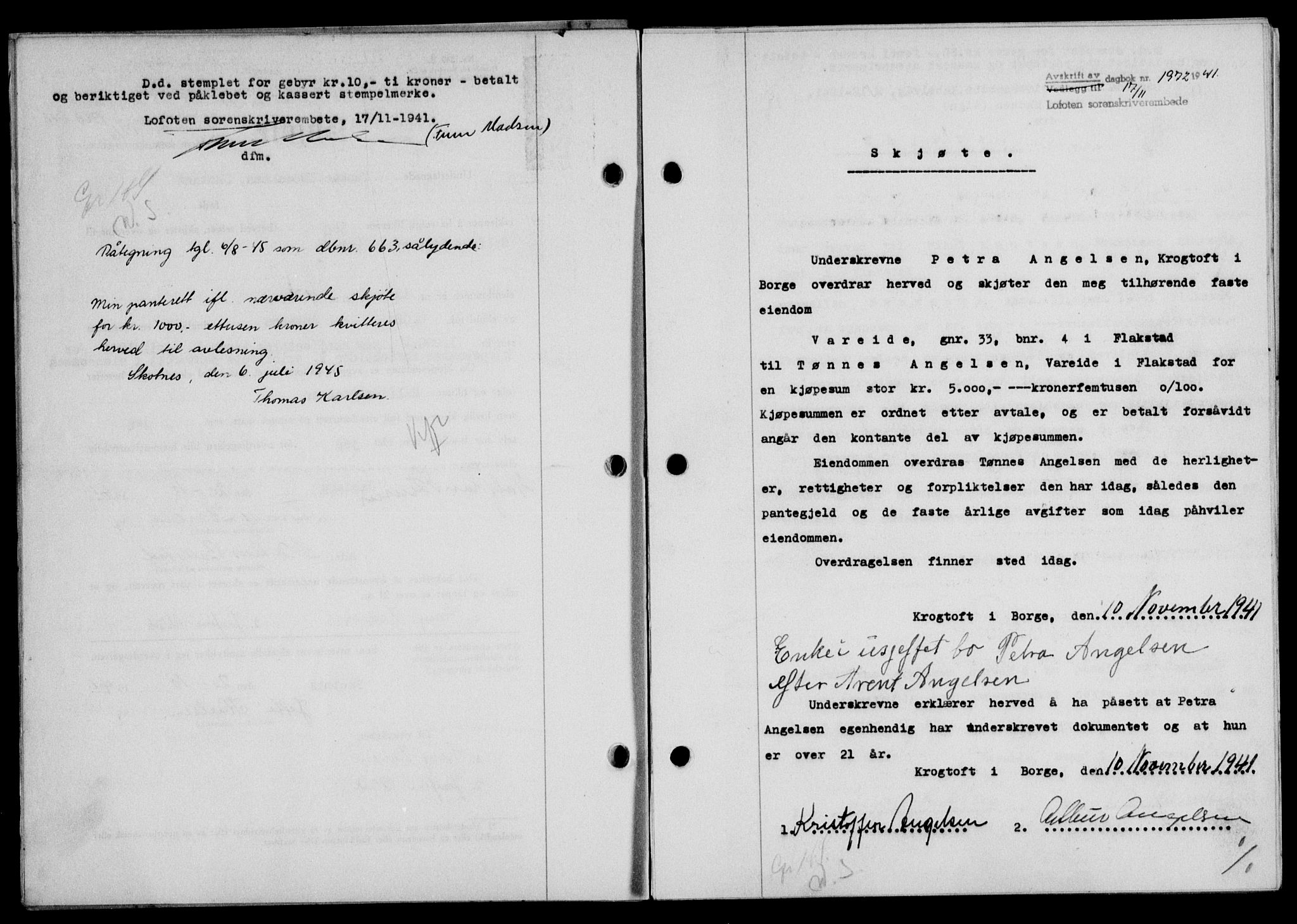 Lofoten sorenskriveri, SAT/A-0017/1/2/2C/L0009a: Mortgage book no. 9a, 1941-1942, Diary no: : 1972/1941