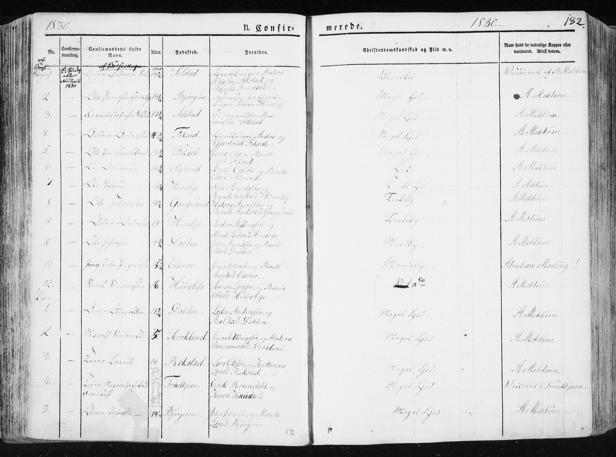Ministerialprotokoller, klokkerbøker og fødselsregistre - Sør-Trøndelag, SAT/A-1456/665/L0771: Parish register (official) no. 665A06, 1830-1856, p. 182