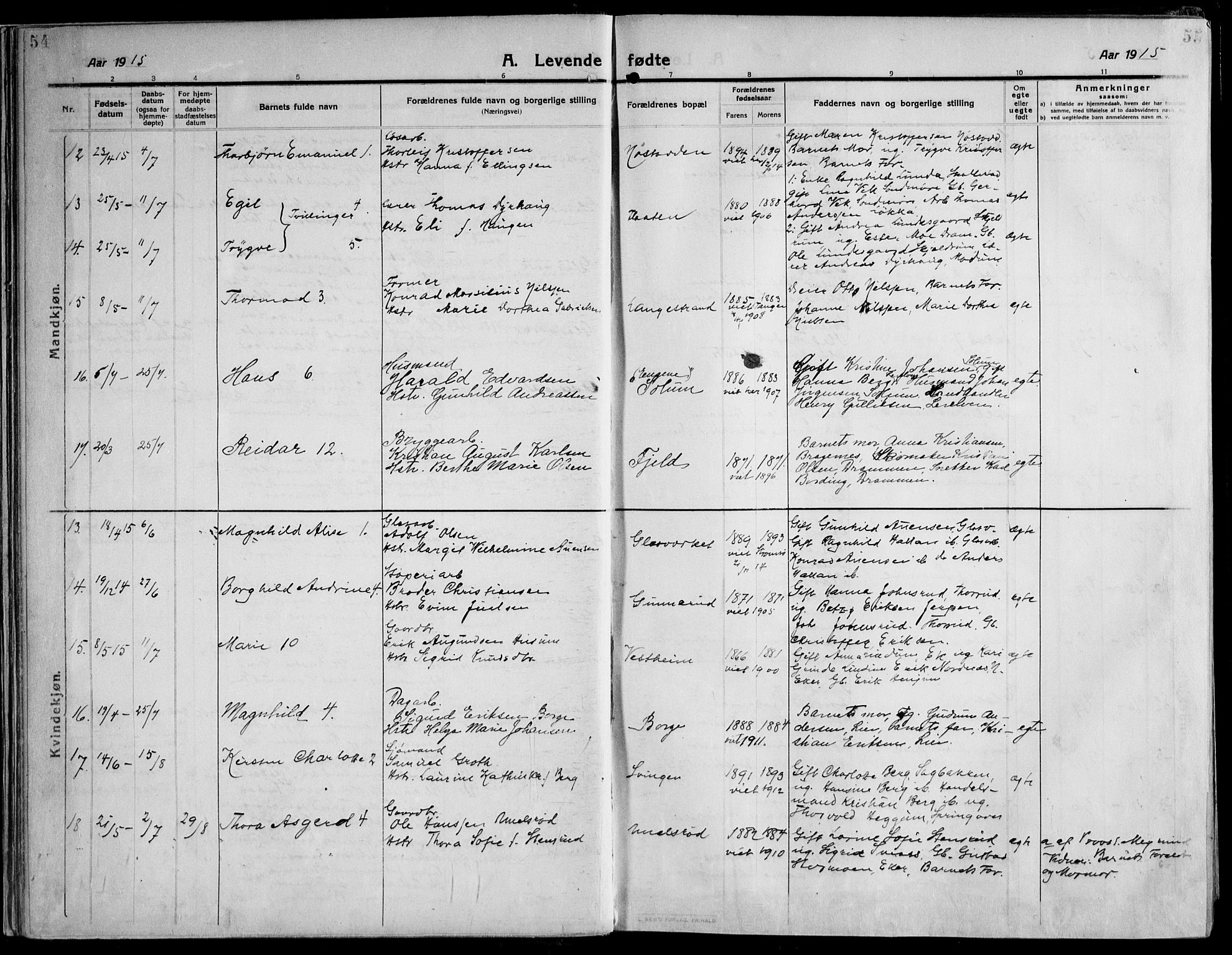 Skoger kirkebøker, AV/SAKO-A-59/F/Fa/L0007: Parish register (official) no. I 7, 1911-1936, p. 54-55