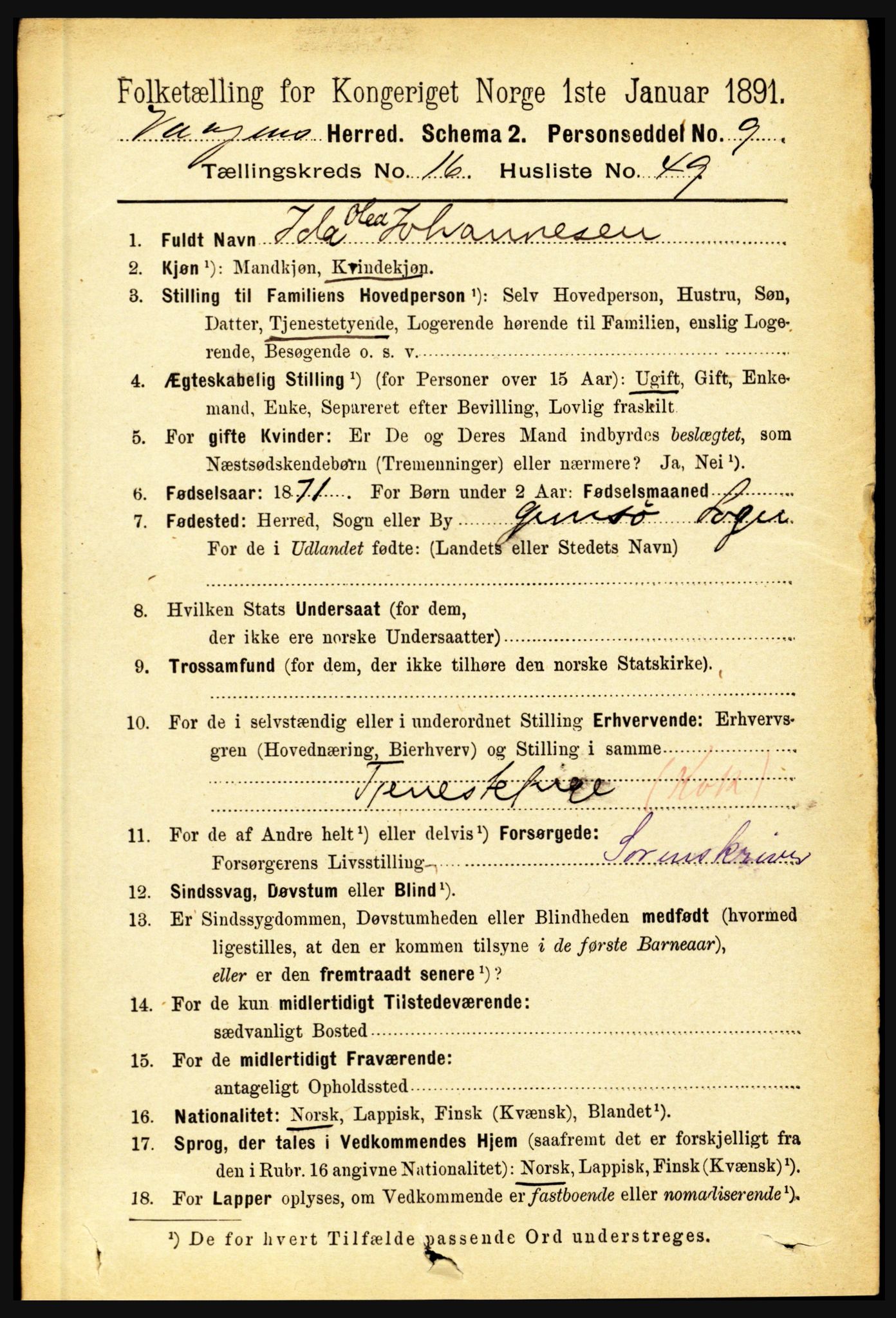 RA, 1891 census for 1865 Vågan, 1891, p. 4887