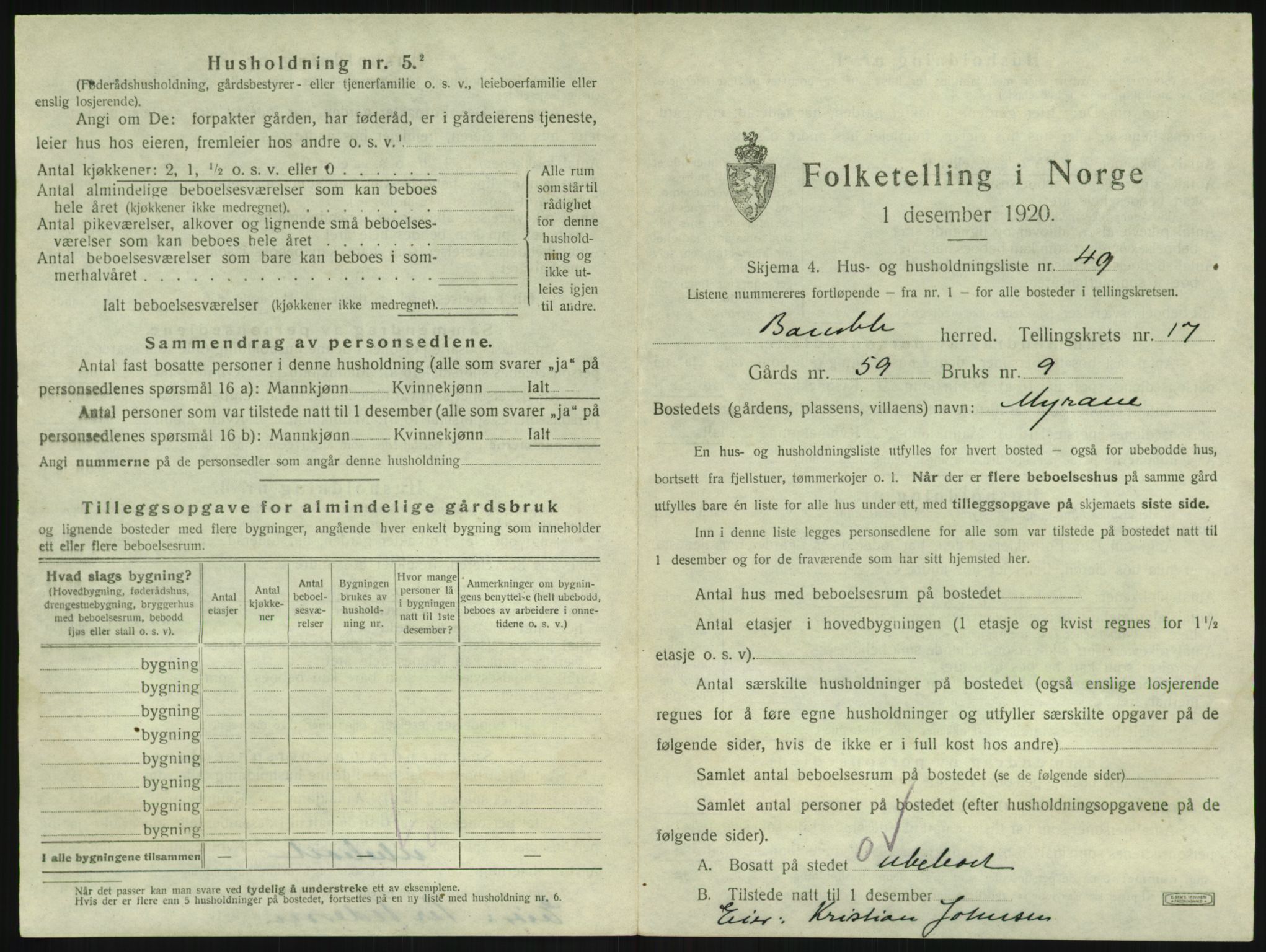 SAKO, 1920 census for Bamble, 1920, p. 1995