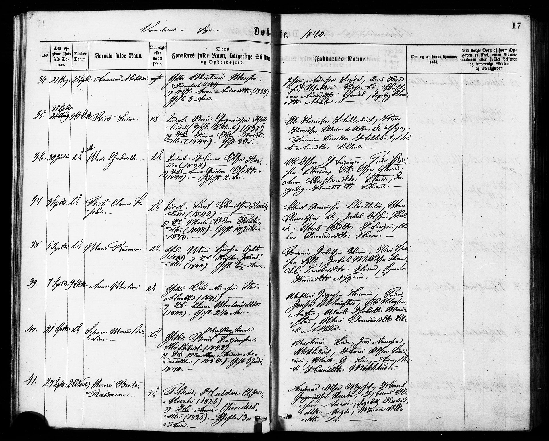 Ministerialprotokoller, klokkerbøker og fødselsregistre - Møre og Romsdal, AV/SAT-A-1454/501/L0007: Parish register (official) no. 501A07, 1868-1884, p. 17