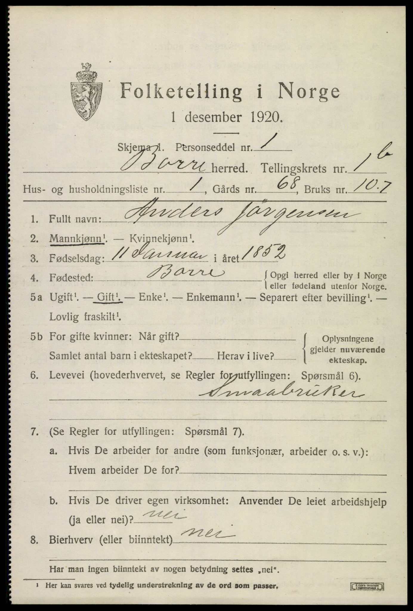 SAKO, 1920 census for Borre, 1920, p. 2626