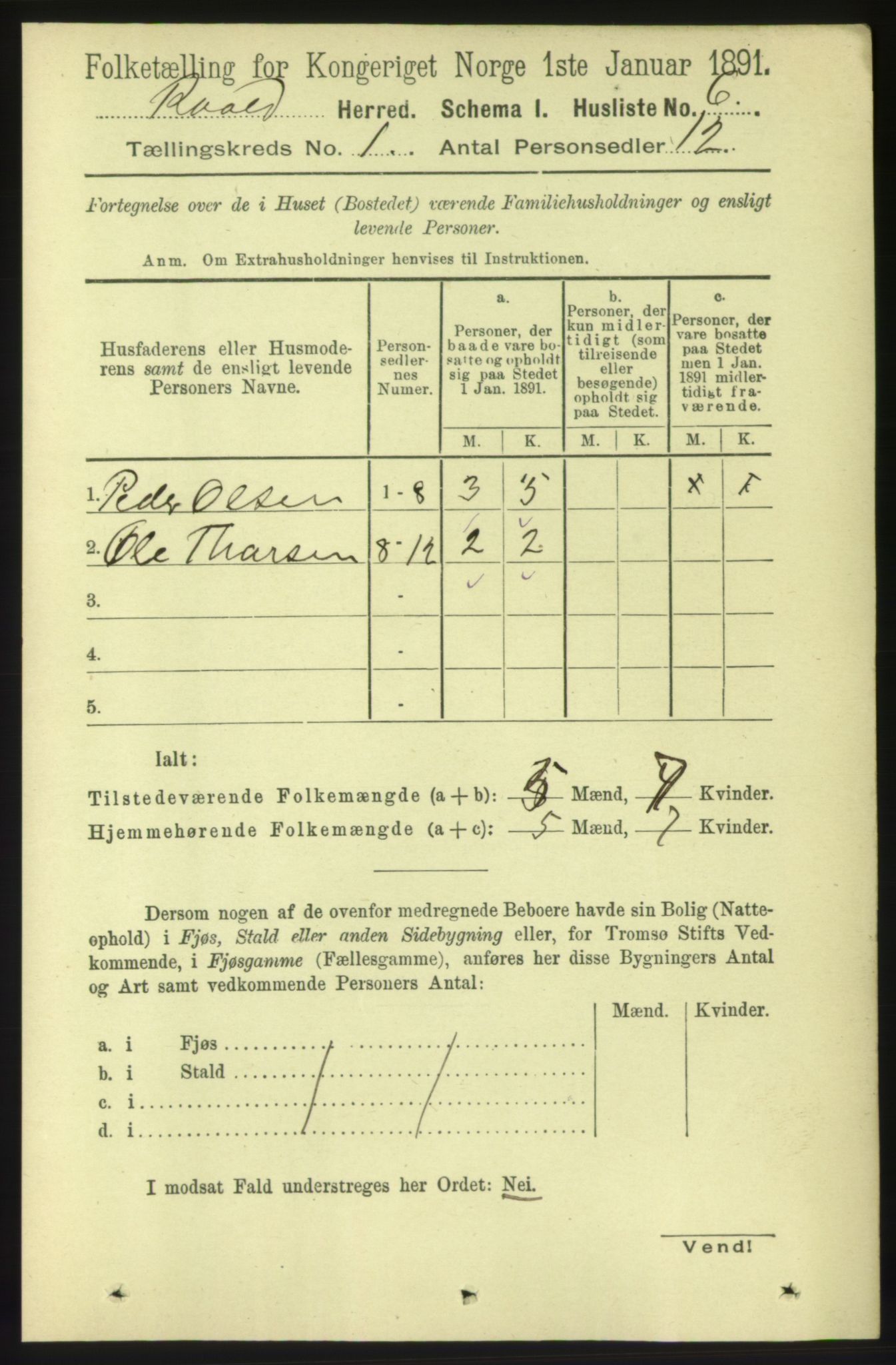 RA, 1891 census for 1533 Roald, 1891, p. 15