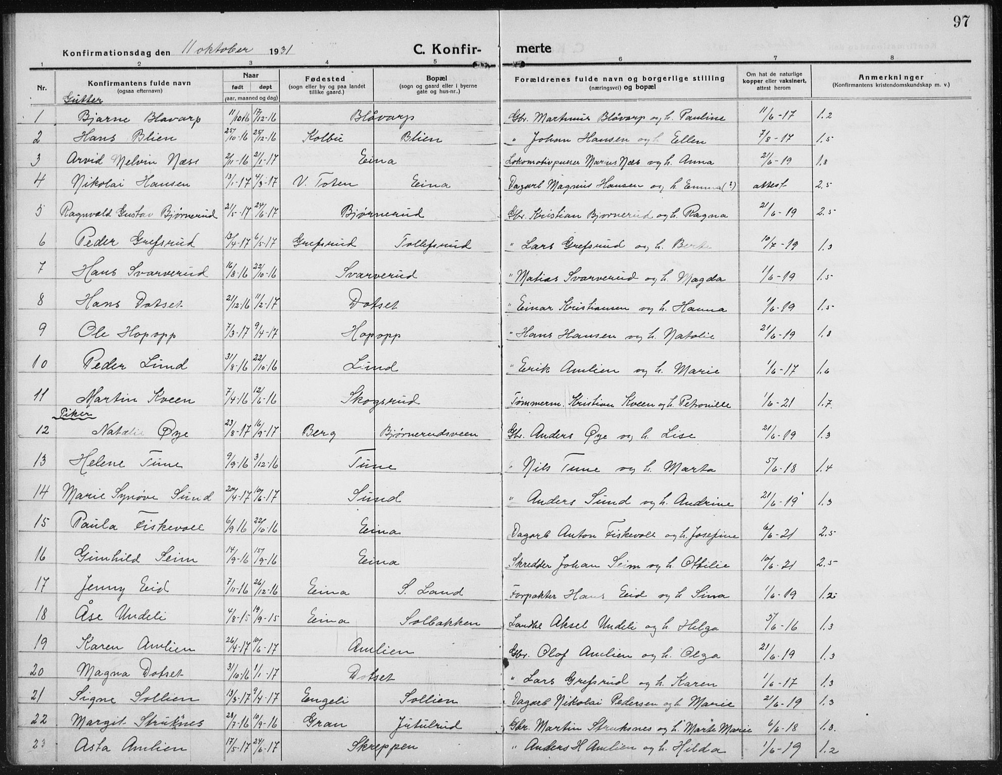 Kolbu prestekontor, SAH/PREST-110/H/Ha/Hab/L0006: Parish register (copy) no. 6, 1916-1934, p. 97