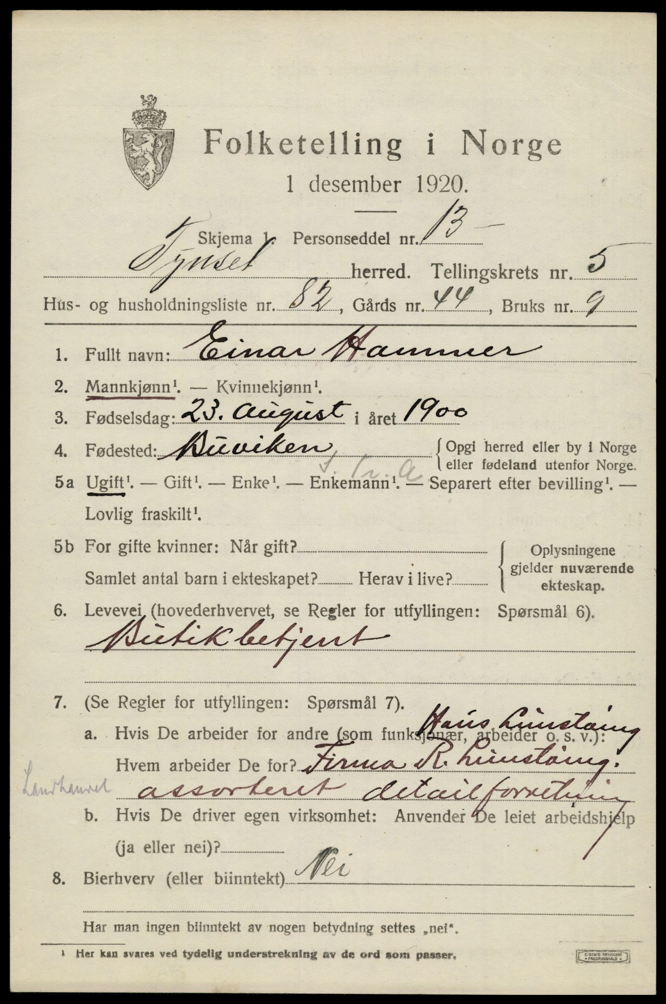 SAH, 1920 census for Tynset, 1920, p. 5504