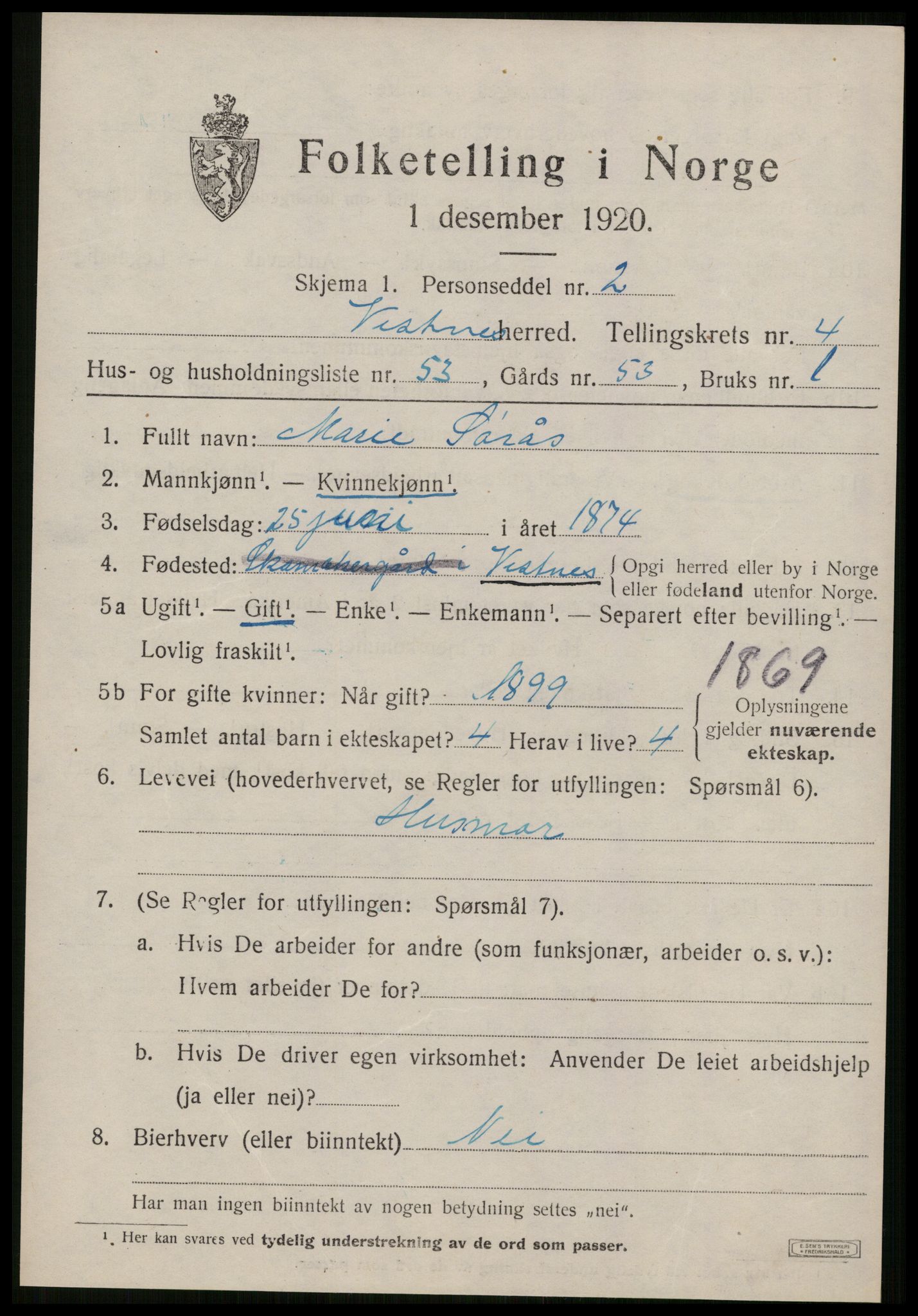 SAT, 1920 census for Vestnes, 1920, p. 3879