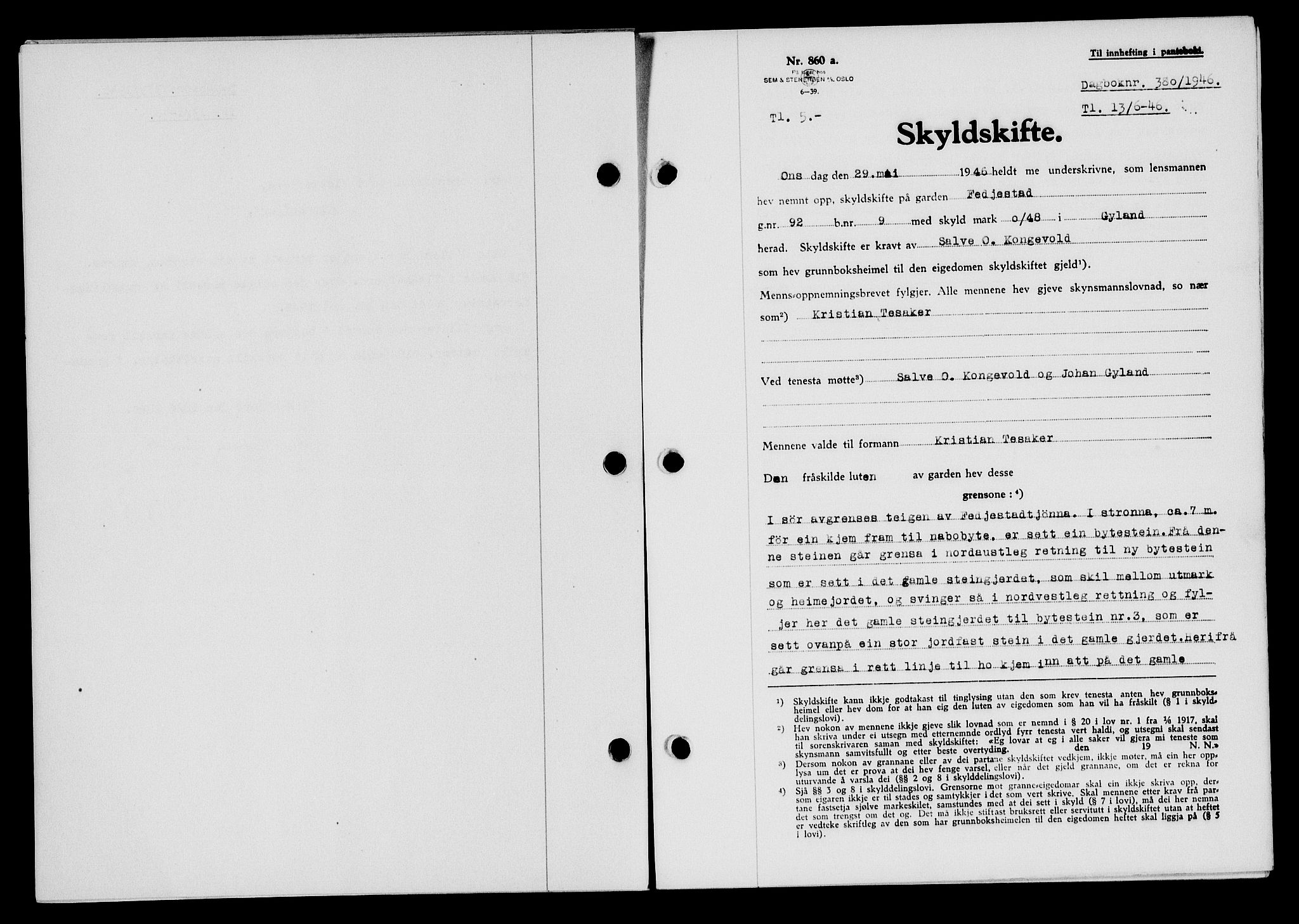 Flekkefjord sorenskriveri, SAK/1221-0001/G/Gb/Gba/L0060: Mortgage book no. A-8, 1945-1946, Diary no: : 380/1946