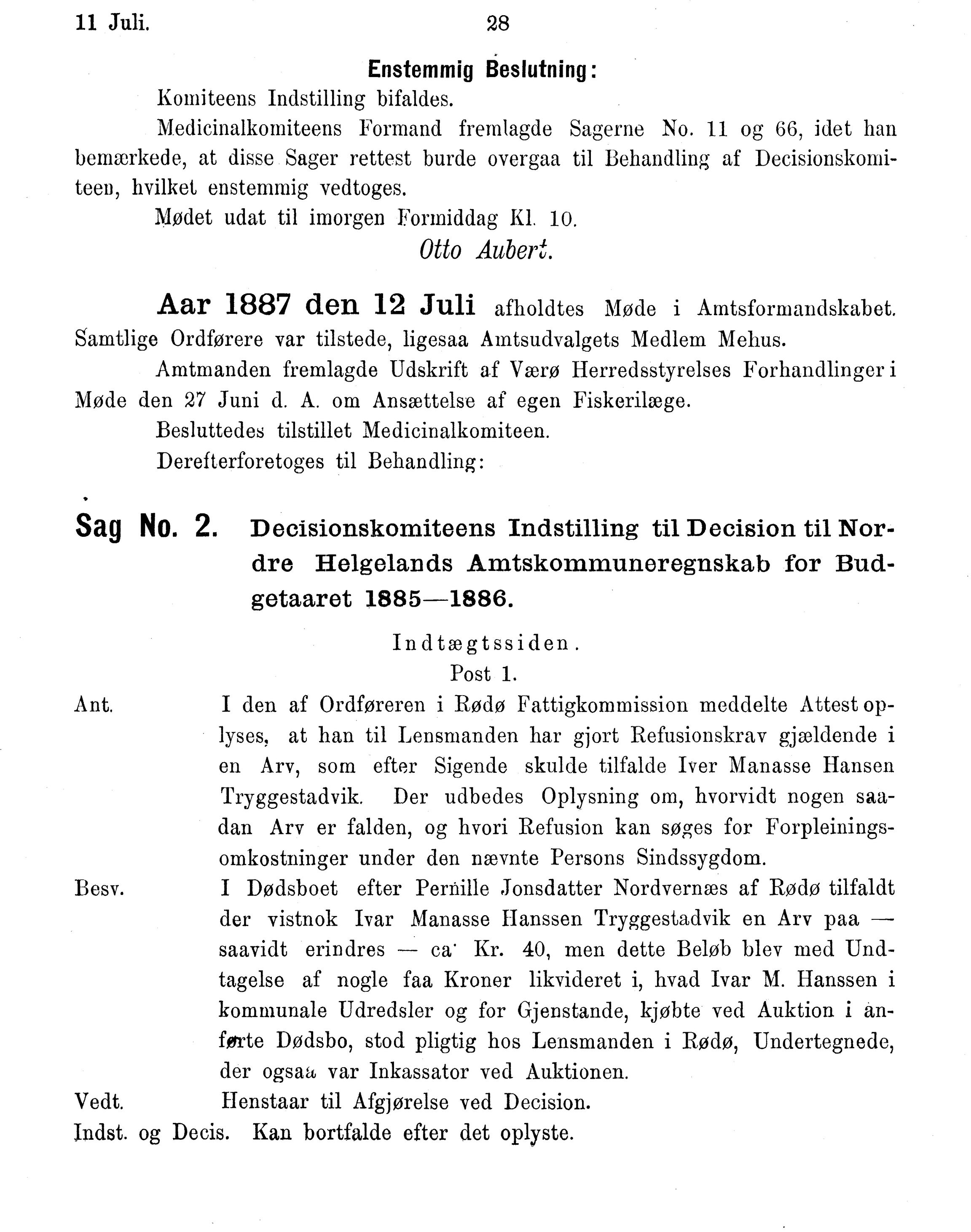 Nordland Fylkeskommune. Fylkestinget, AIN/NFK-17/176/A/Ac/L0015: Fylkestingsforhandlinger 1886-1890, 1886-1890, p. 28