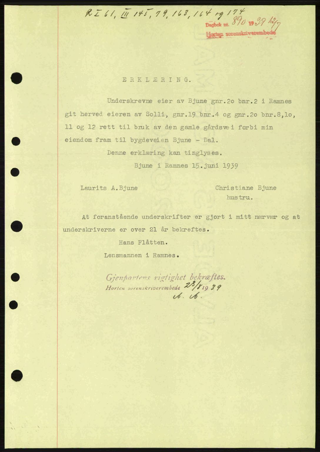 Horten sorenskriveri, AV/SAKO-A-133/G/Ga/Gaa/L0003: Mortgage book no. A-3, 1939-1940, Diary no: : 890/1939