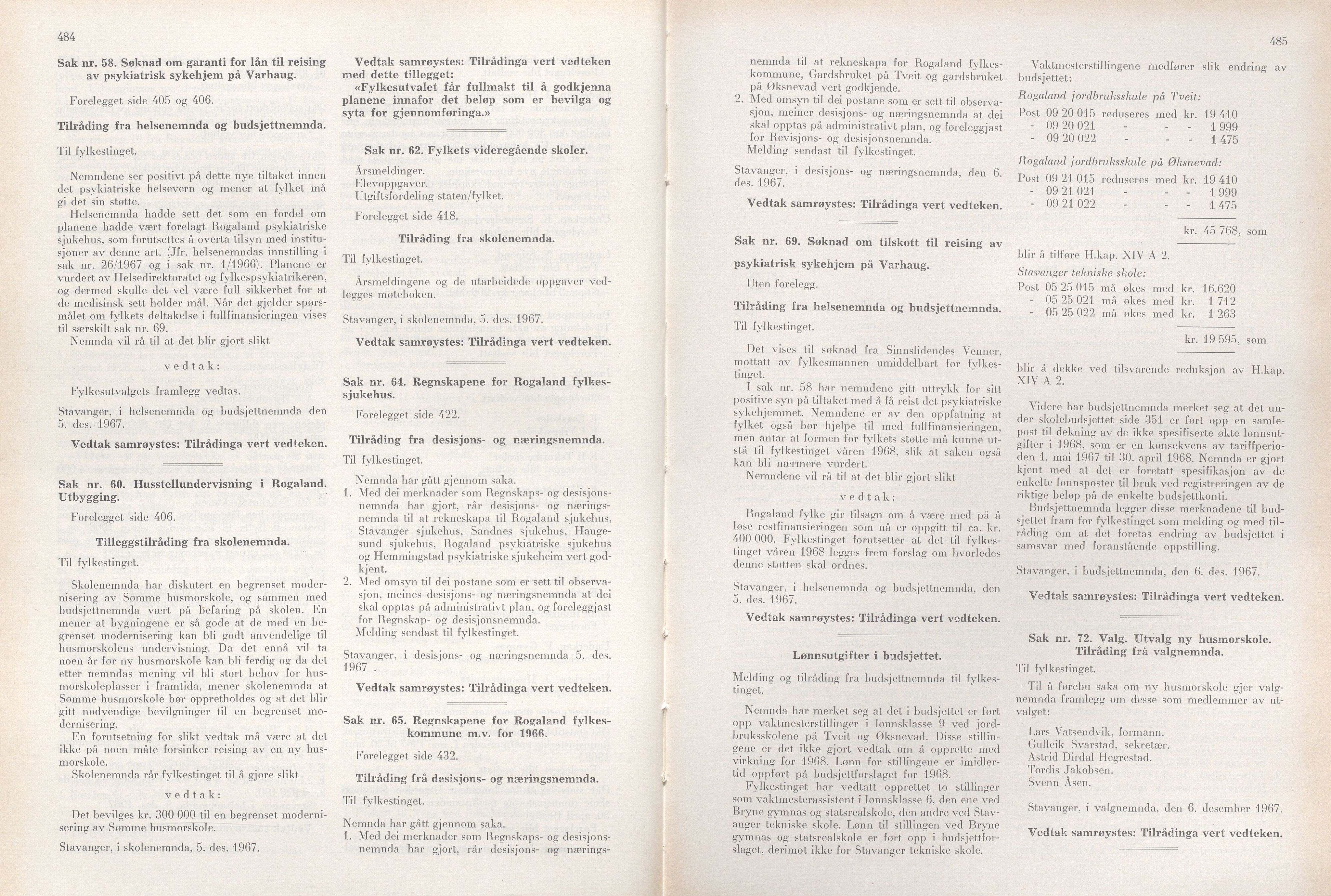 Rogaland fylkeskommune - Fylkesrådmannen , IKAR/A-900/A/Aa/Aaa/L0087: Møtebok , 1967, p. 484-485