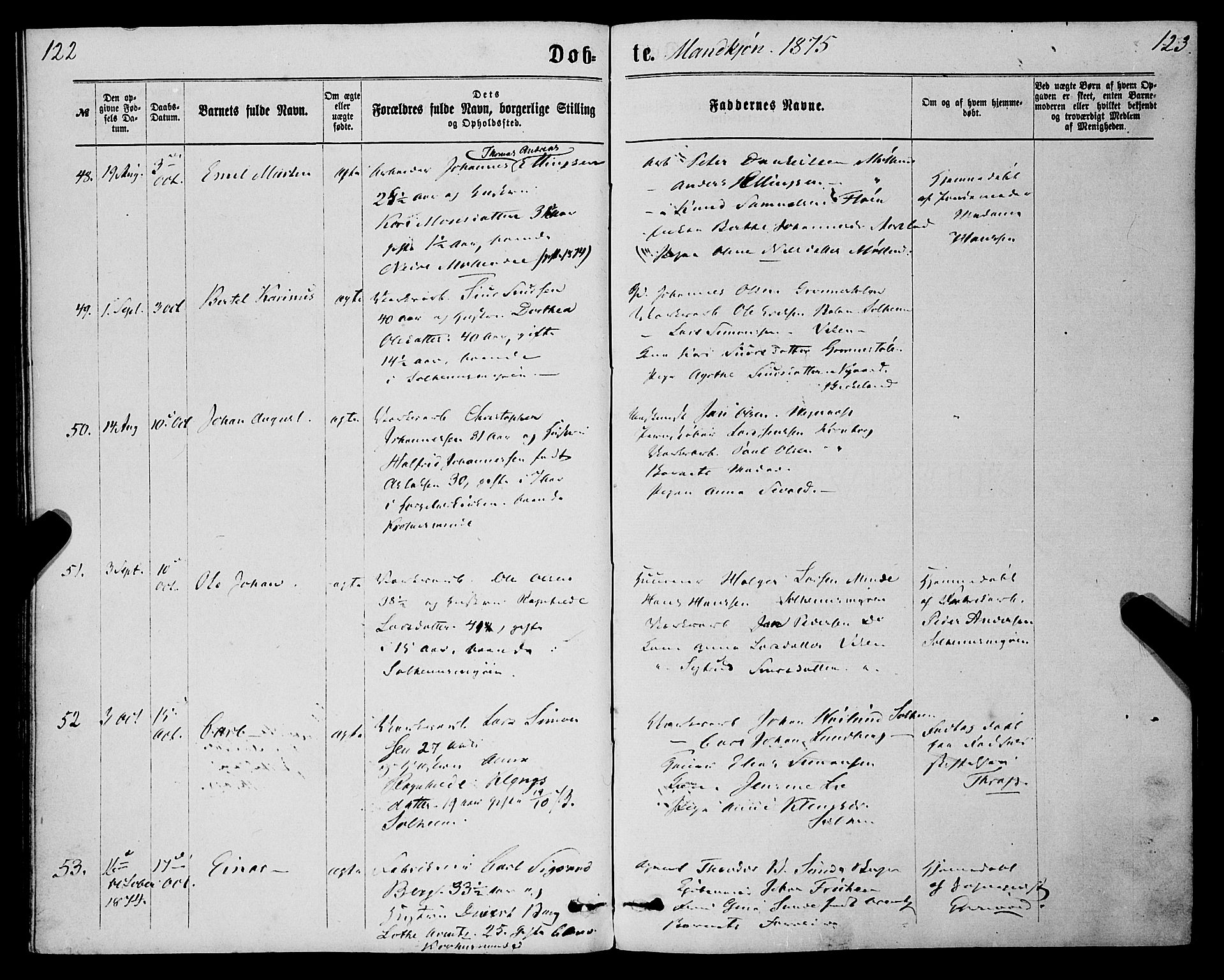 St. Jørgens hospital og Årstad sokneprestembete, AV/SAB-A-99934: Parish register (official) no. A 6, 1870-1878, p. 122-123