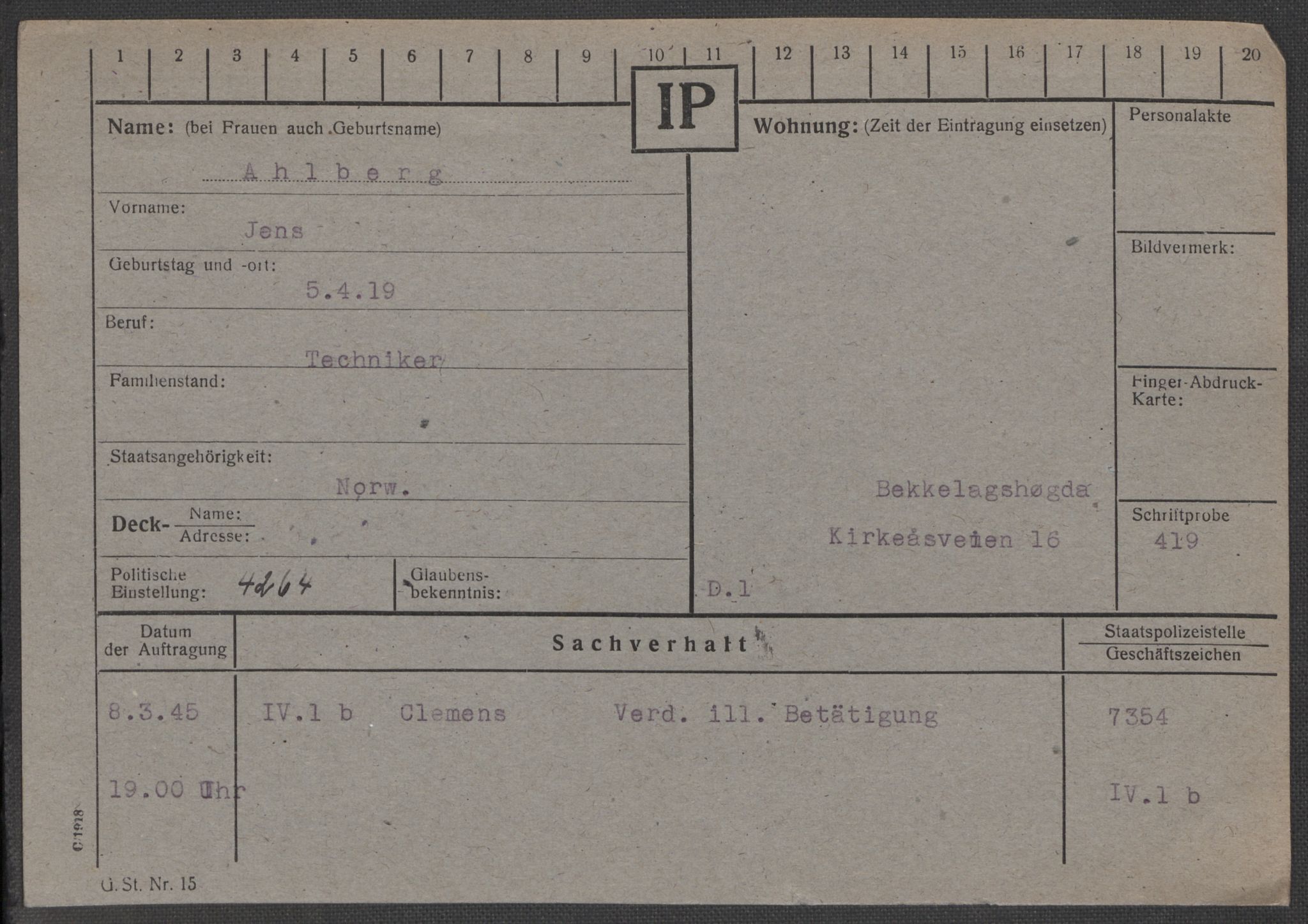 Befehlshaber der Sicherheitspolizei und des SD, RA/RAFA-5969/E/Ea/Eaa/L0001: Register over norske fanger i Møllergata 19: A-Bj, 1940-1945, p. 40
