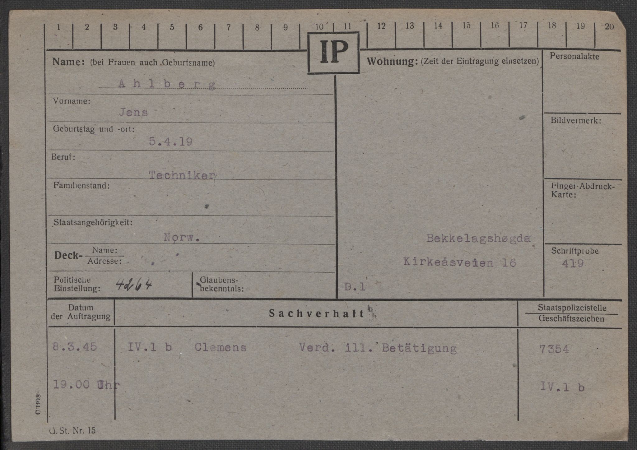 Befehlshaber der Sicherheitspolizei und des SD, AV/RA-RAFA-5969/E/Ea/Eaa/L0001: Register over norske fanger i Møllergata 19: A-Bj, 1940-1945, p. 40