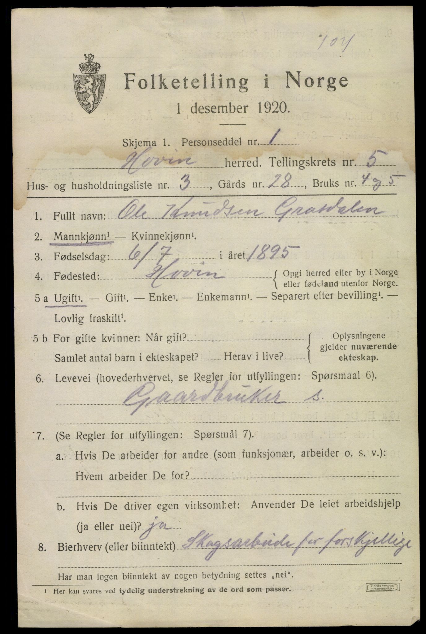 SAKO, 1920 census for Hovin, 1920, p. 1341
