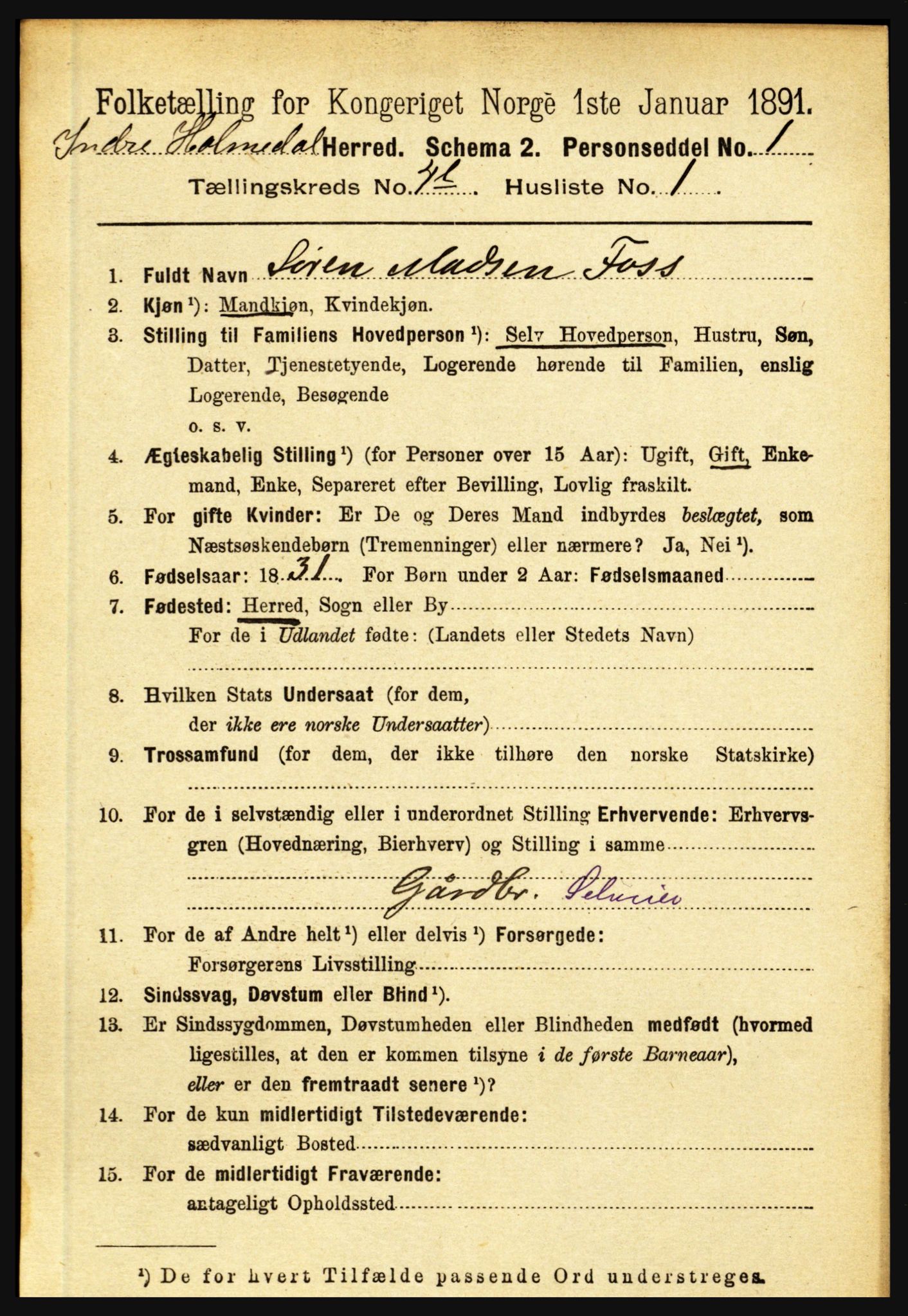 RA, 1891 census for 1430 Indre Holmedal, 1891, p. 1452