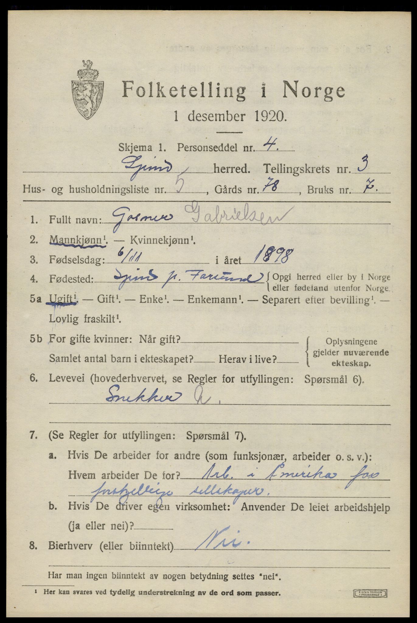 SAK, 1920 census for Spind, 1920, p. 1667