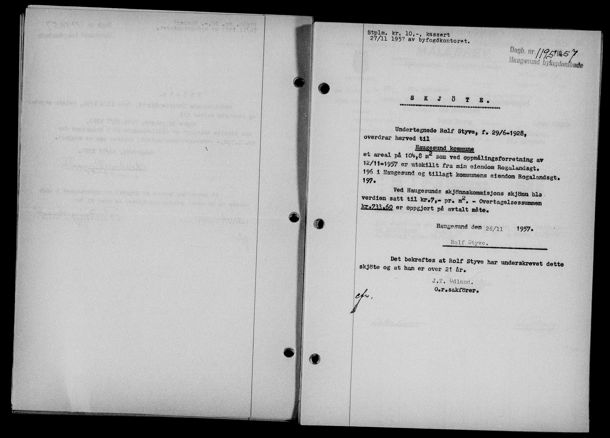 Haugesund tingrett, SAST/A-101415/01/II/IIC/L0068: Mortgage book no. A 9, 1956-1958, Diary no: : 1195/1957