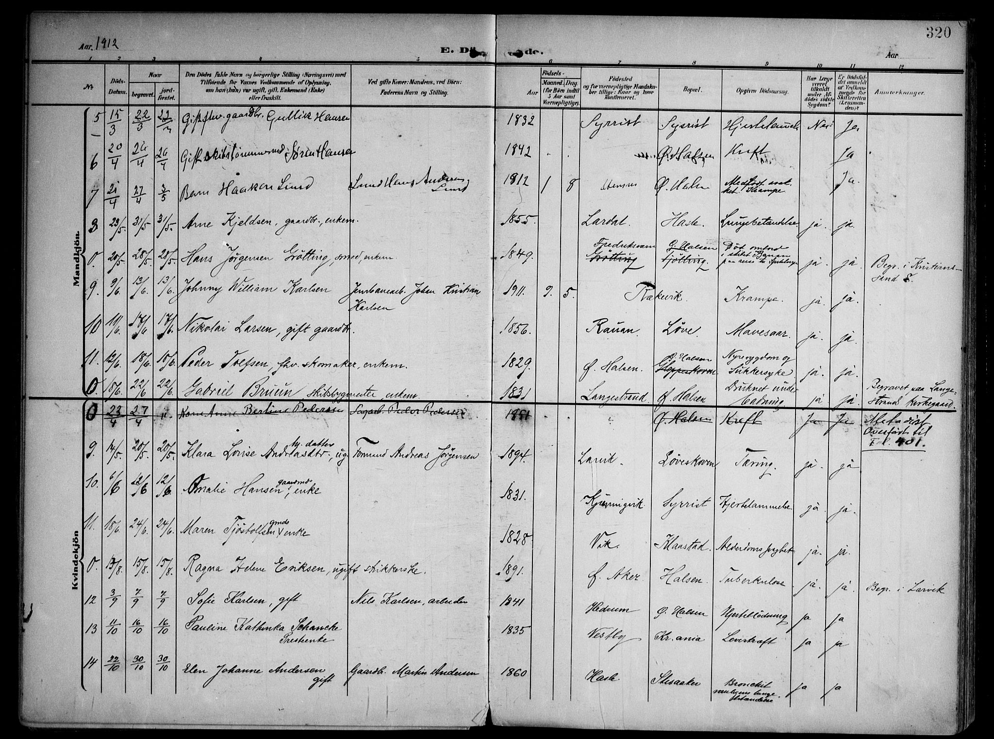 Tjølling kirkebøker, AV/SAKO-A-60/F/Fa/L0010: Parish register (official) no. 10, 1906-1923, p. 320