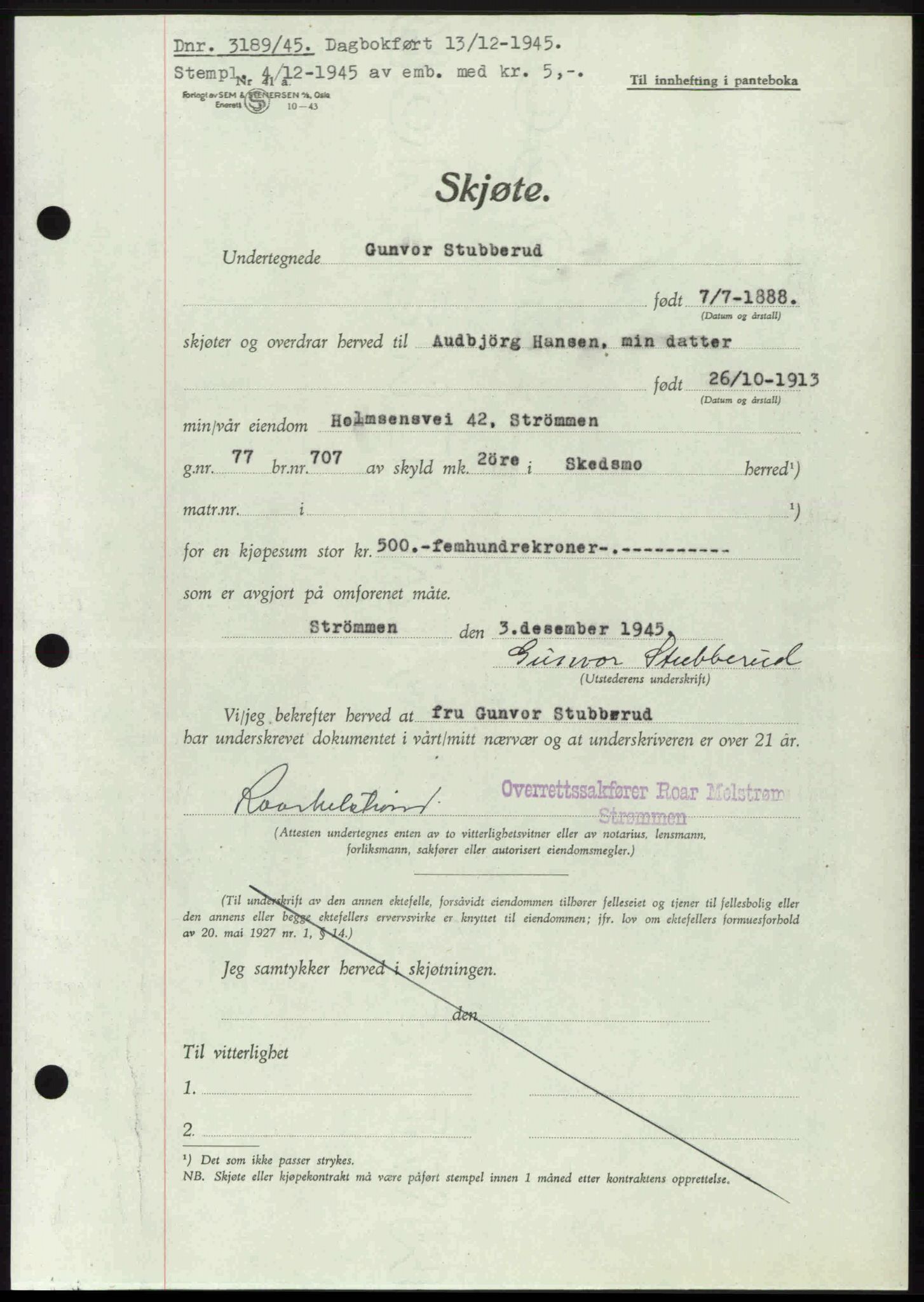 Nedre Romerike sorenskriveri, AV/SAO-A-10469/G/Gb/Gbd/L0015: Mortgage book no. 15, 1945-1946, Diary no: : 3189/1945