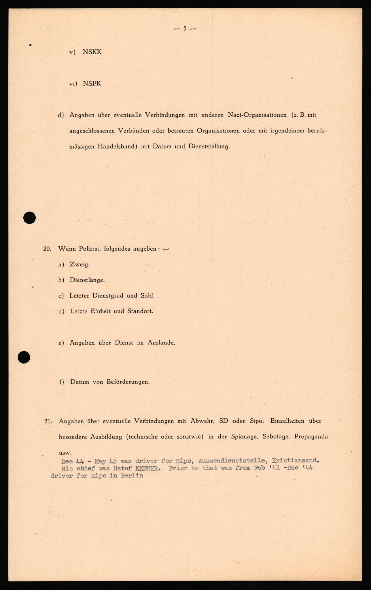 Forsvaret, Forsvarets overkommando II, RA/RAFA-3915/D/Db/L0013: CI Questionaires. Tyske okkupasjonsstyrker i Norge. Tyskere., 1945-1946, p. 145
