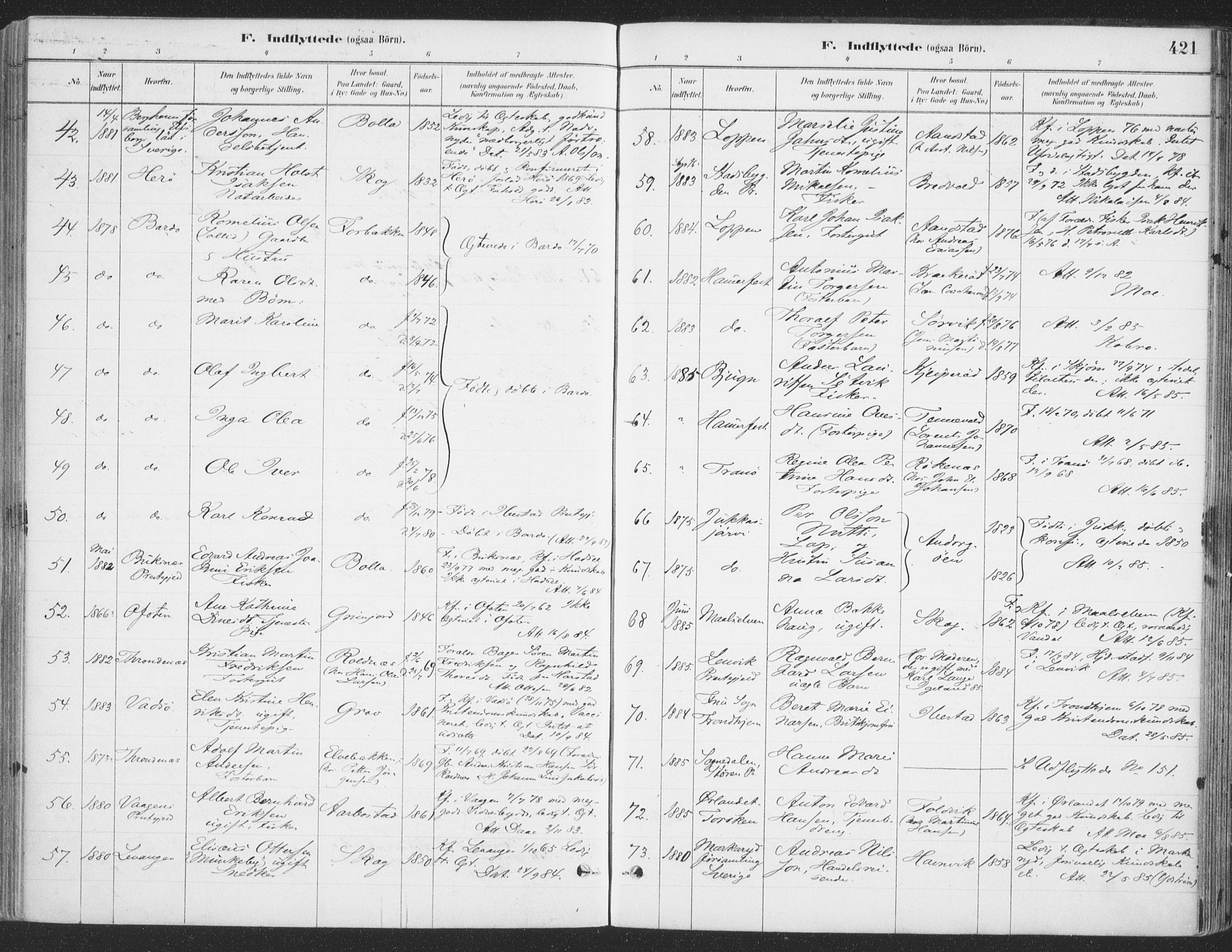 Ibestad sokneprestembete, SATØ/S-0077/H/Ha/Haa/L0011kirke: Parish register (official) no. 11, 1880-1889, p. 421