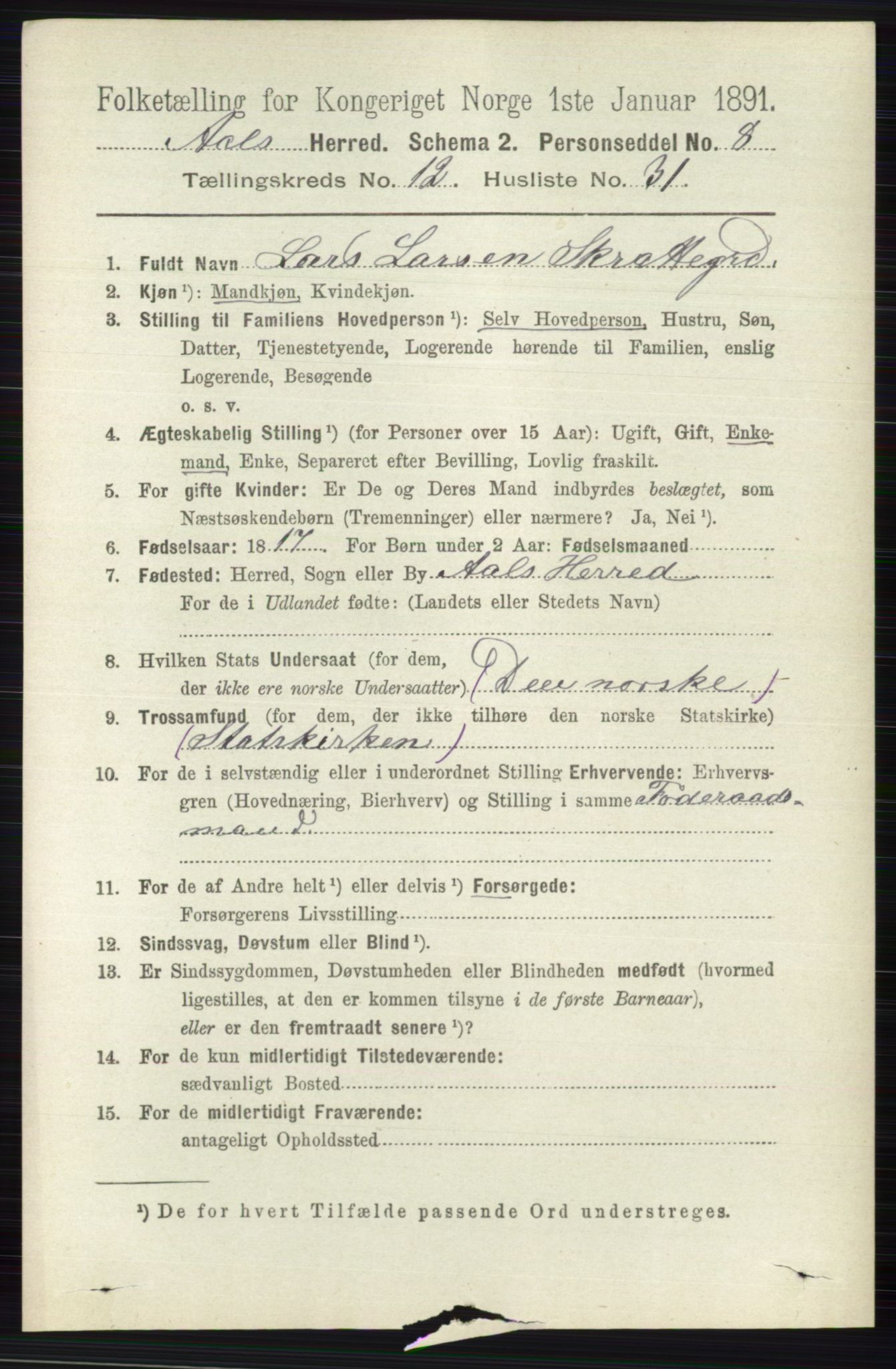 RA, 1891 census for 0619 Ål, 1891, p. 3190