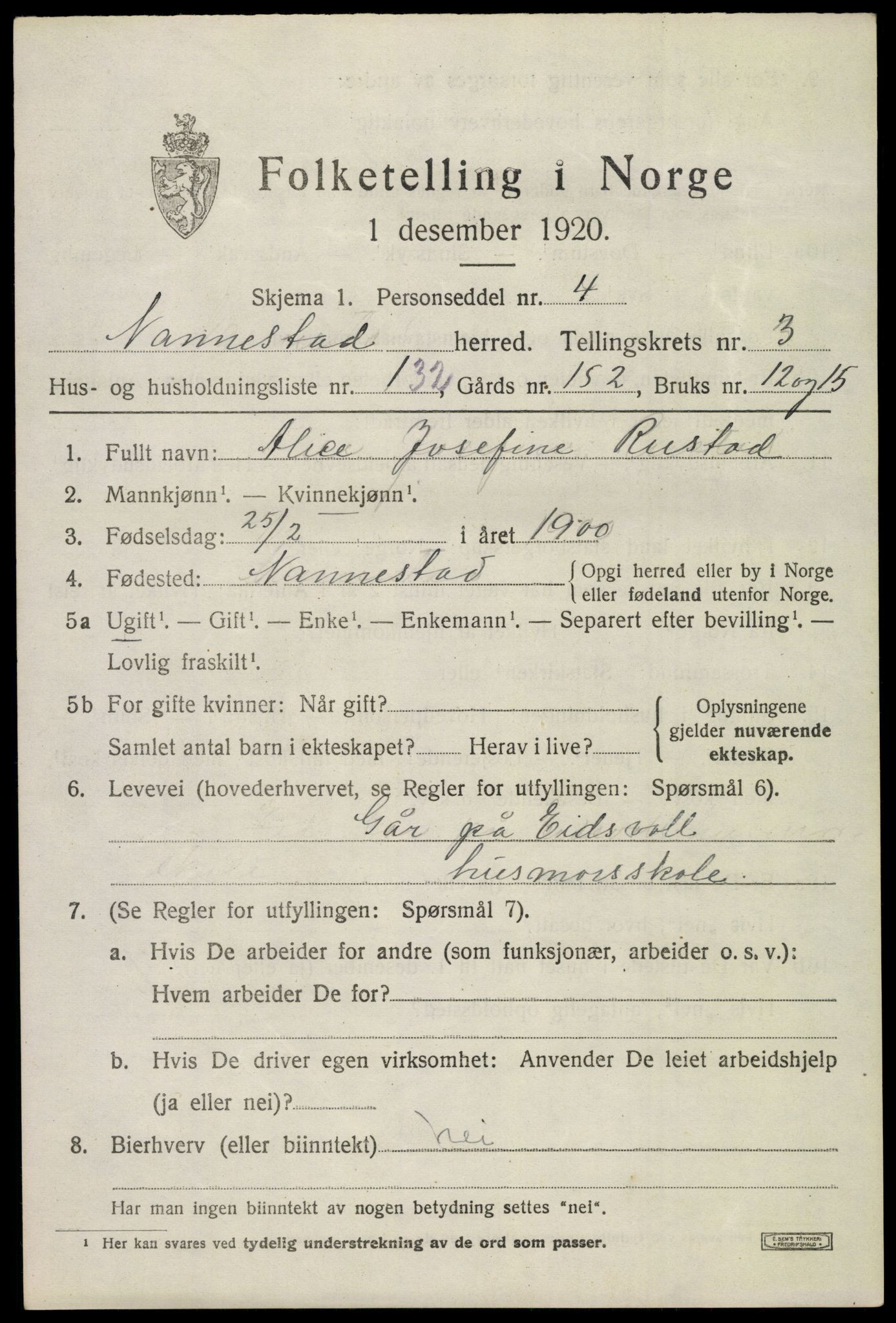 SAO, 1920 census for Nannestad, 1920, p. 5049