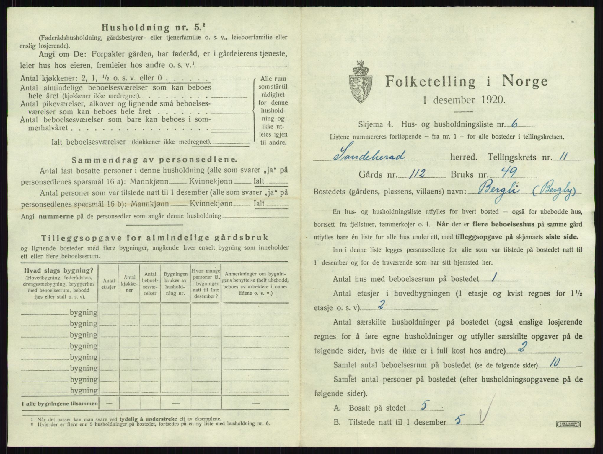 SAKO, 1920 census for Sandeherred, 1920, p. 2263