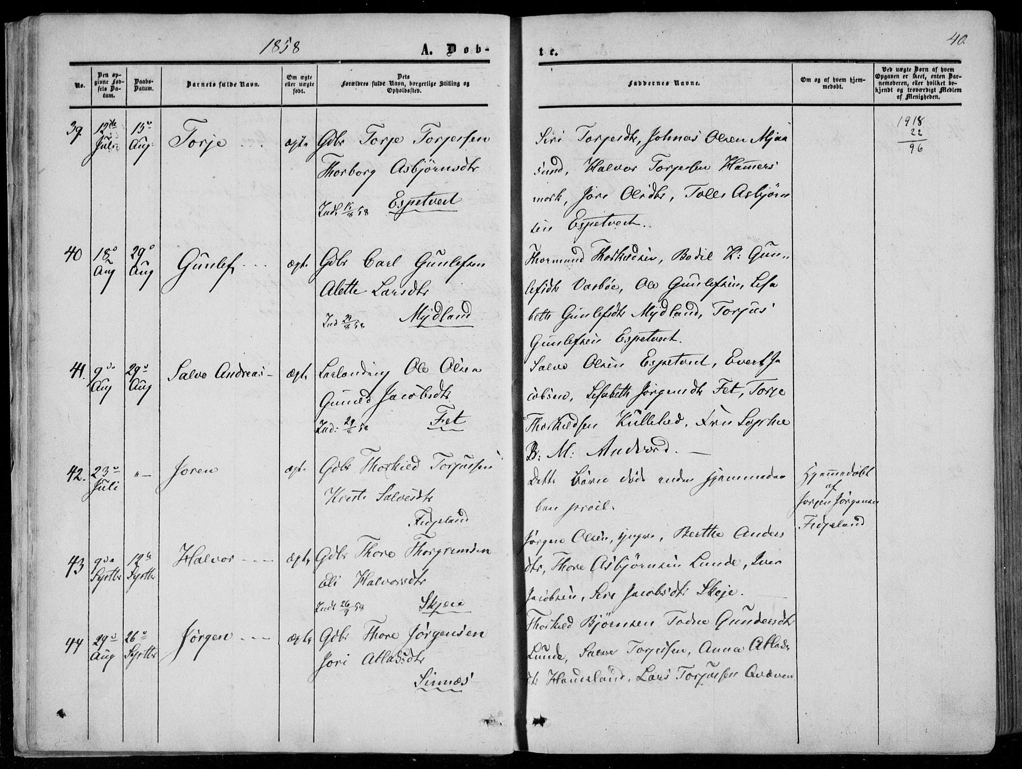 Sirdal sokneprestkontor, AV/SAK-1111-0036/F/Fa/Fab/L0002: Parish register (official) no. A 2, 1855-1874, p. 40