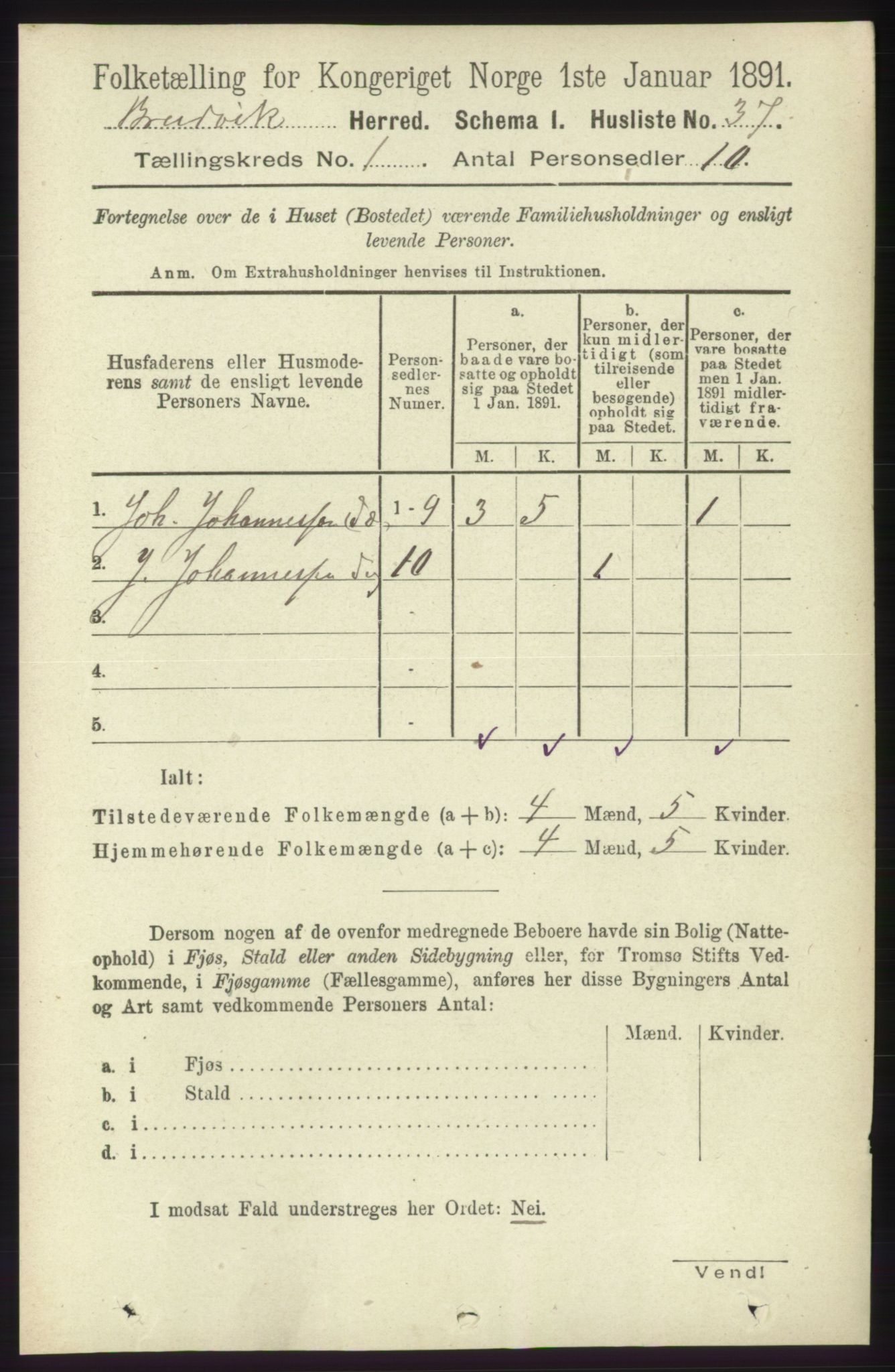 RA, 1891 census for 1251 Bruvik, 1891, p. 65