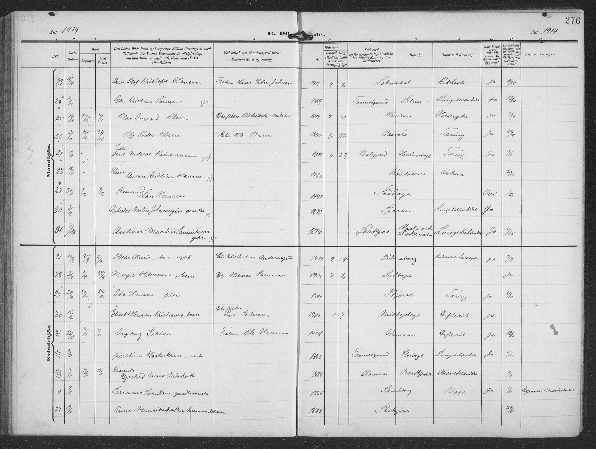 Balsfjord sokneprestembete, SATØ/S-1303/G/Ga/L0009klokker: Parish register (copy) no. 9, 1906-1920, p. 276