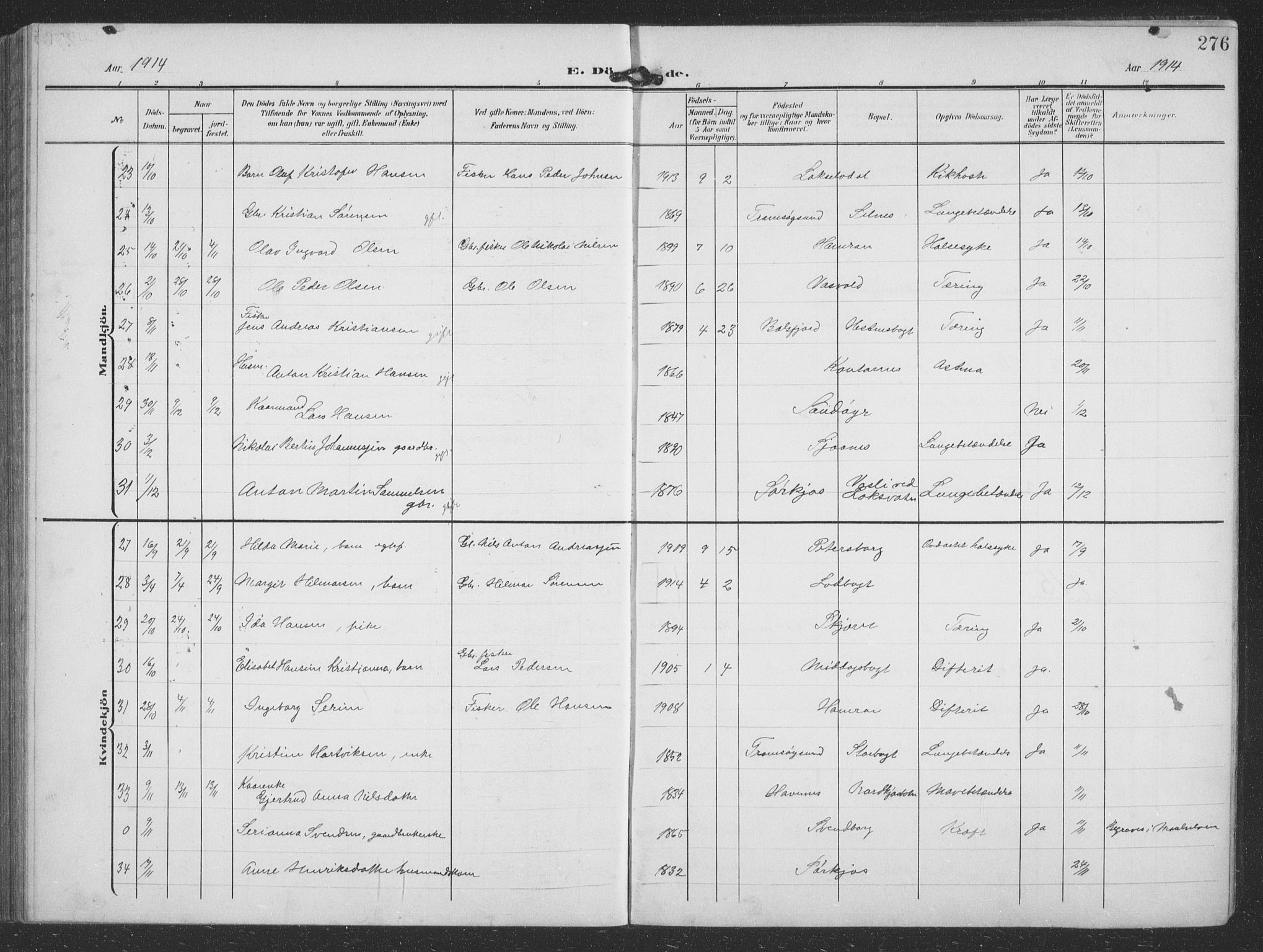 Balsfjord sokneprestembete, AV/SATØ-S-1303/G/Ga/L0009klokker: Parish register (copy) no. 9, 1906-1920, p. 276