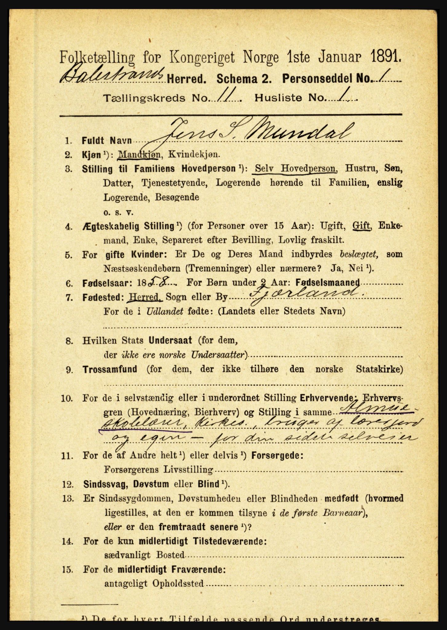 RA, 1891 census for 1418 Balestrand, 1891, p. 2460