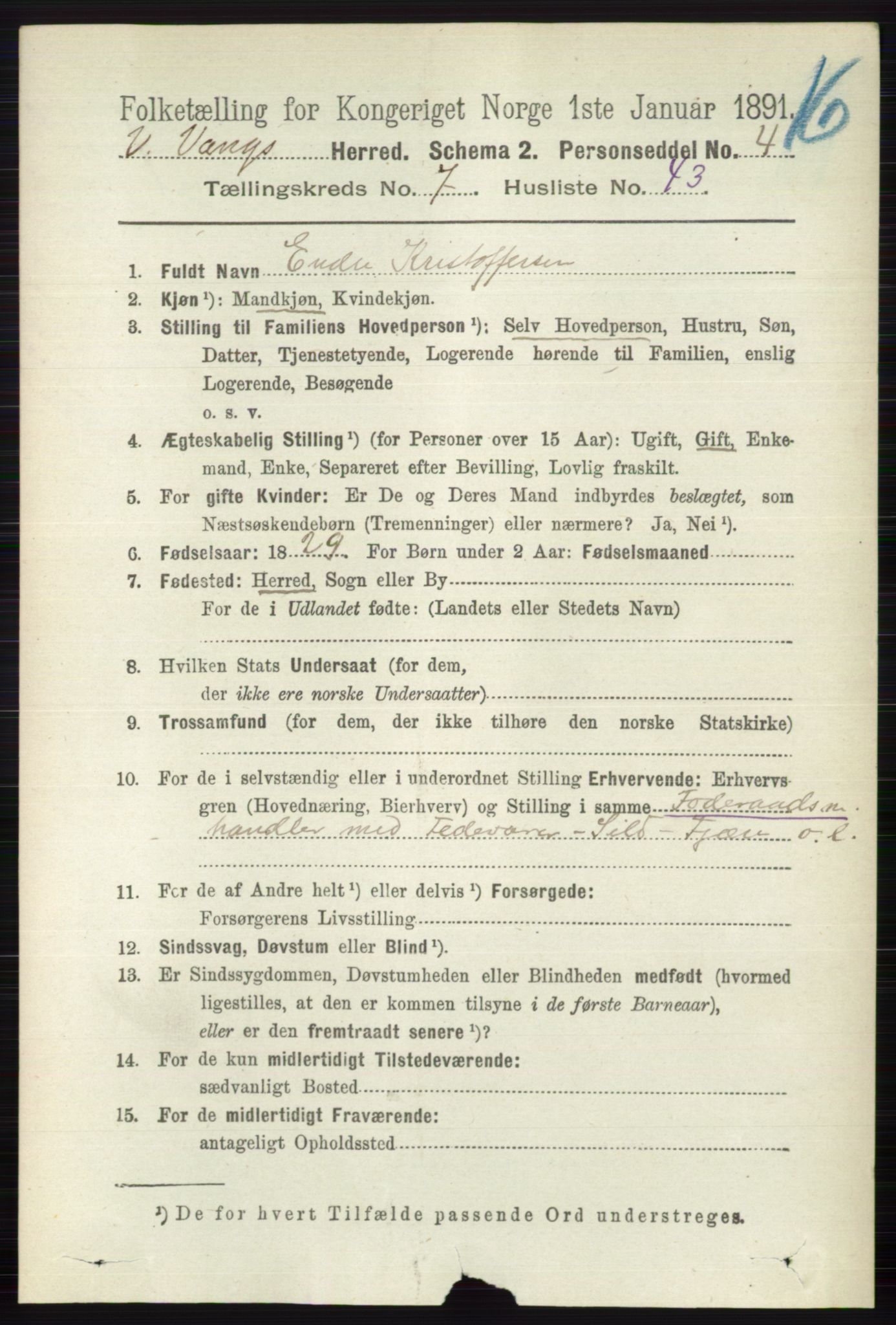 RA, 1891 census for 0545 Vang, 1891, p. 1694