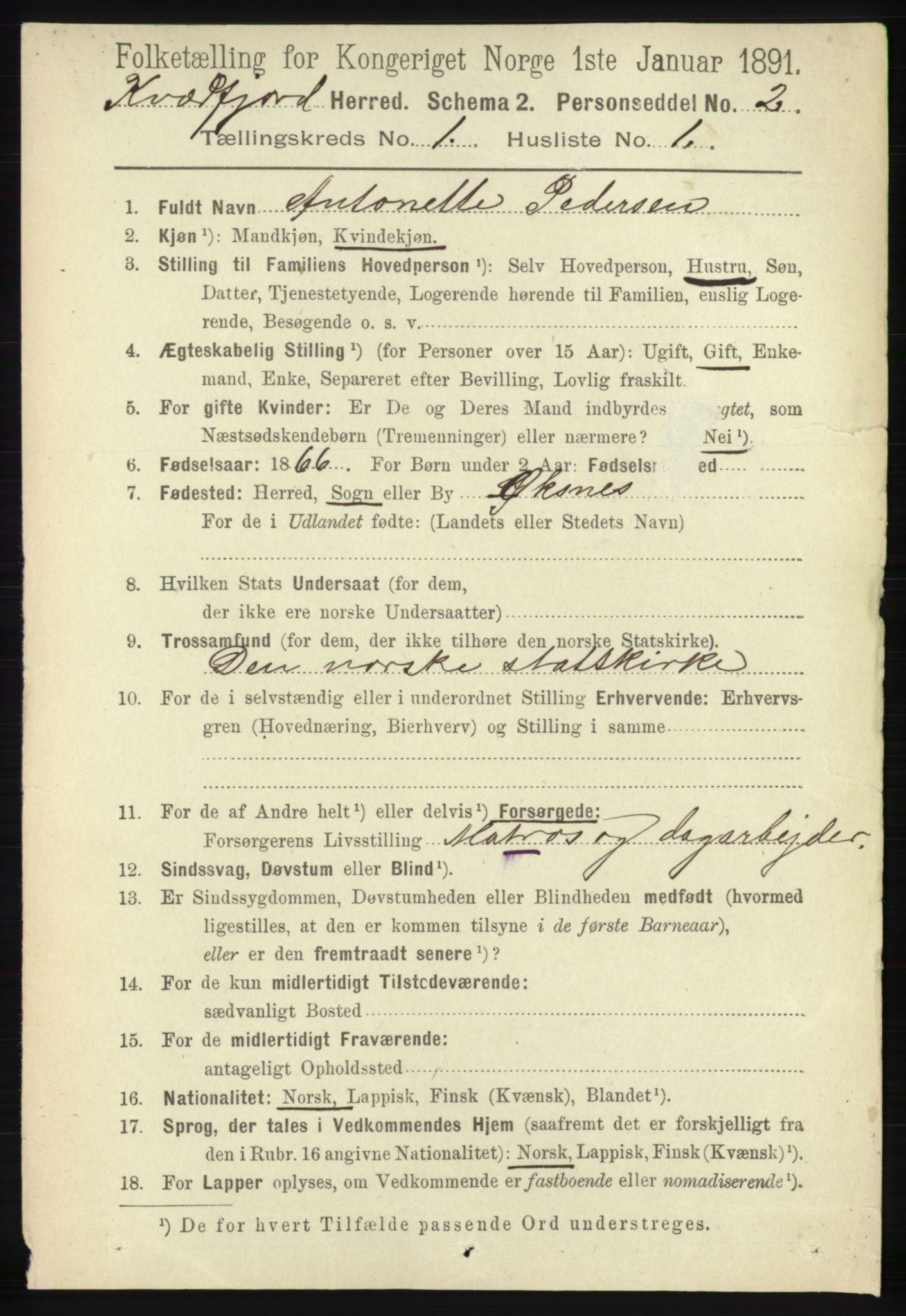 RA, 1891 census for 1911 Kvæfjord, 1891, p. 96