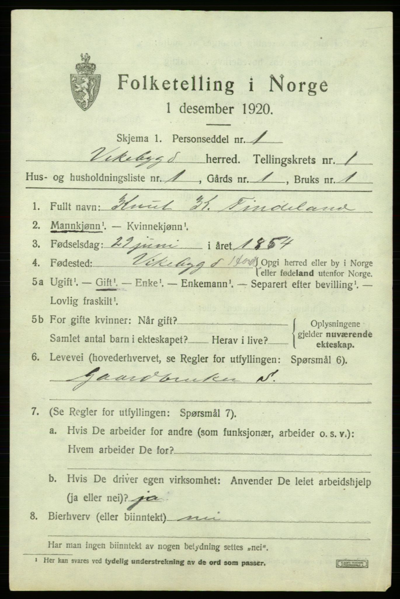 SAB, 1920 census for Vikebygd, 1920, p. 523