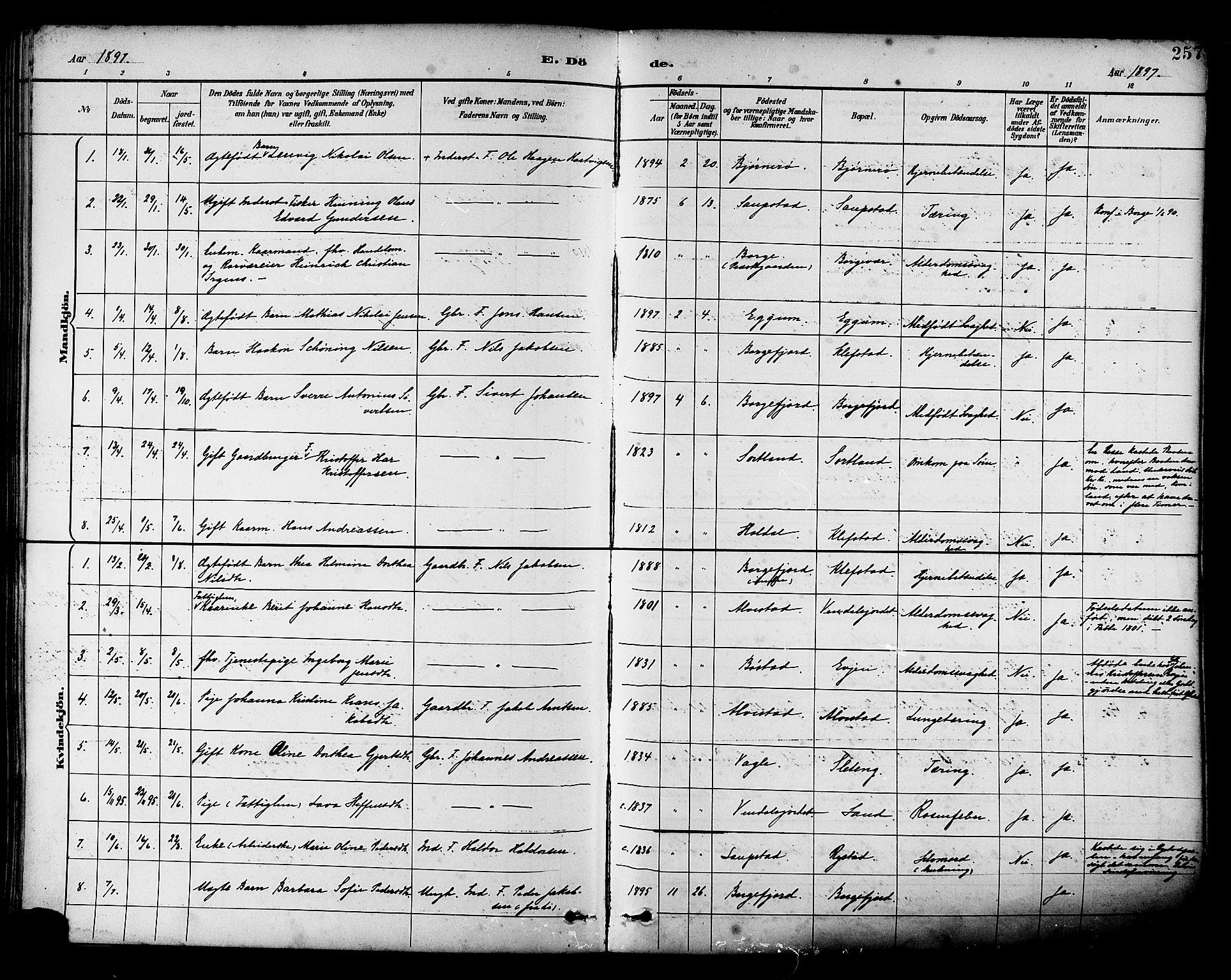 Ministerialprotokoller, klokkerbøker og fødselsregistre - Nordland, AV/SAT-A-1459/880/L1133: Parish register (official) no. 880A07, 1888-1898, p. 257