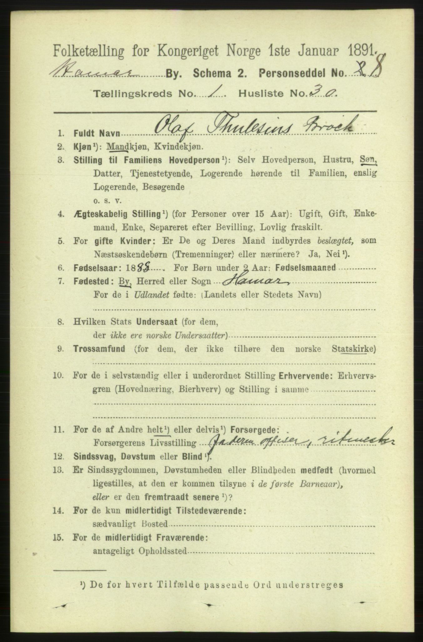 RA, 1891 census for 0401 Hamar, 1891, p. 436