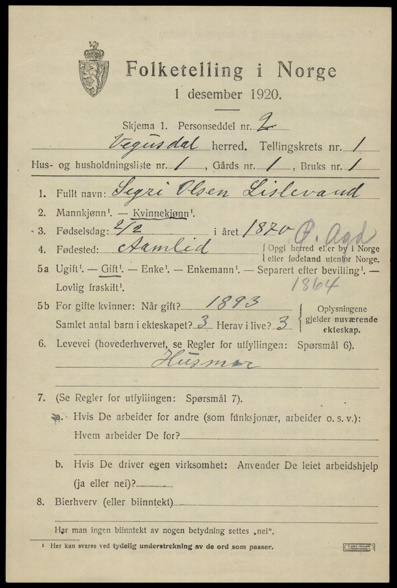 SAK, 1920 census for Vegusdal, 1920, p. 369