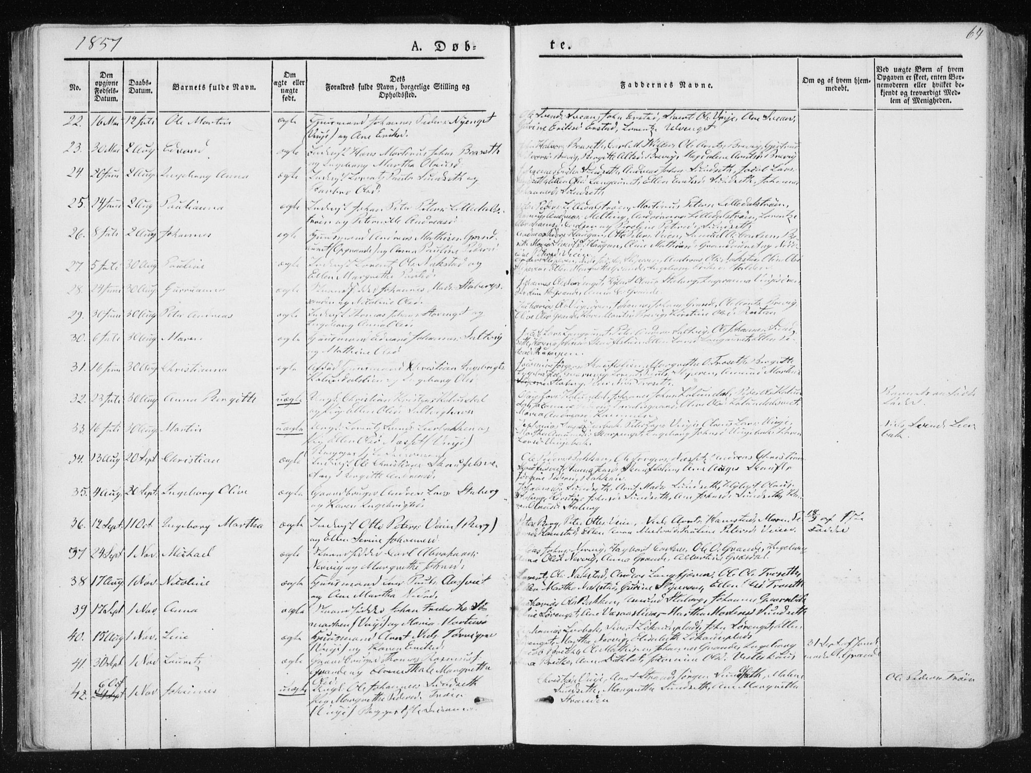 Ministerialprotokoller, klokkerbøker og fødselsregistre - Nord-Trøndelag, SAT/A-1458/733/L0323: Parish register (official) no. 733A02, 1843-1870, p. 64