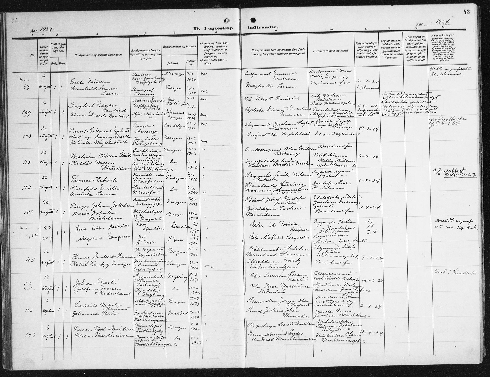 Domkirken sokneprestembete, AV/SAB-A-74801/H/Haa/L0039: Parish register (official) no. D 6, 1921-1937, p. 43