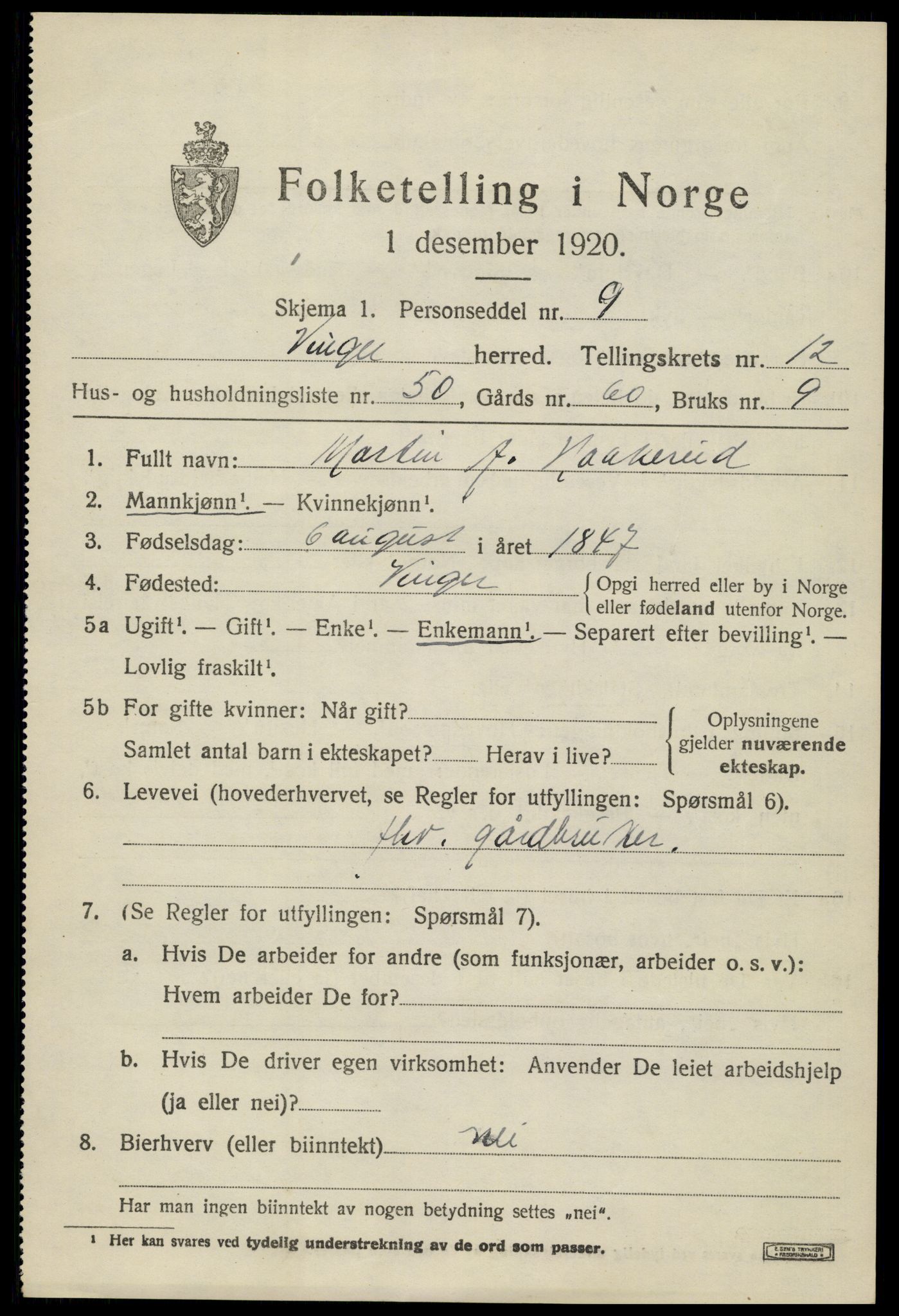 SAH, 1920 census for Vinger, 1920, p. 10796