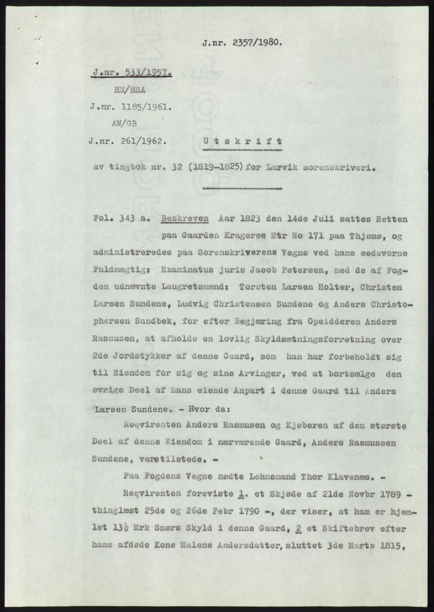 Statsarkivet i Kongsberg, AV/SAKO-A-0001/E/Ee/L0009: Avskrifter, SAO jnr. 354/1957 - 770/1957, 1957, p. 199